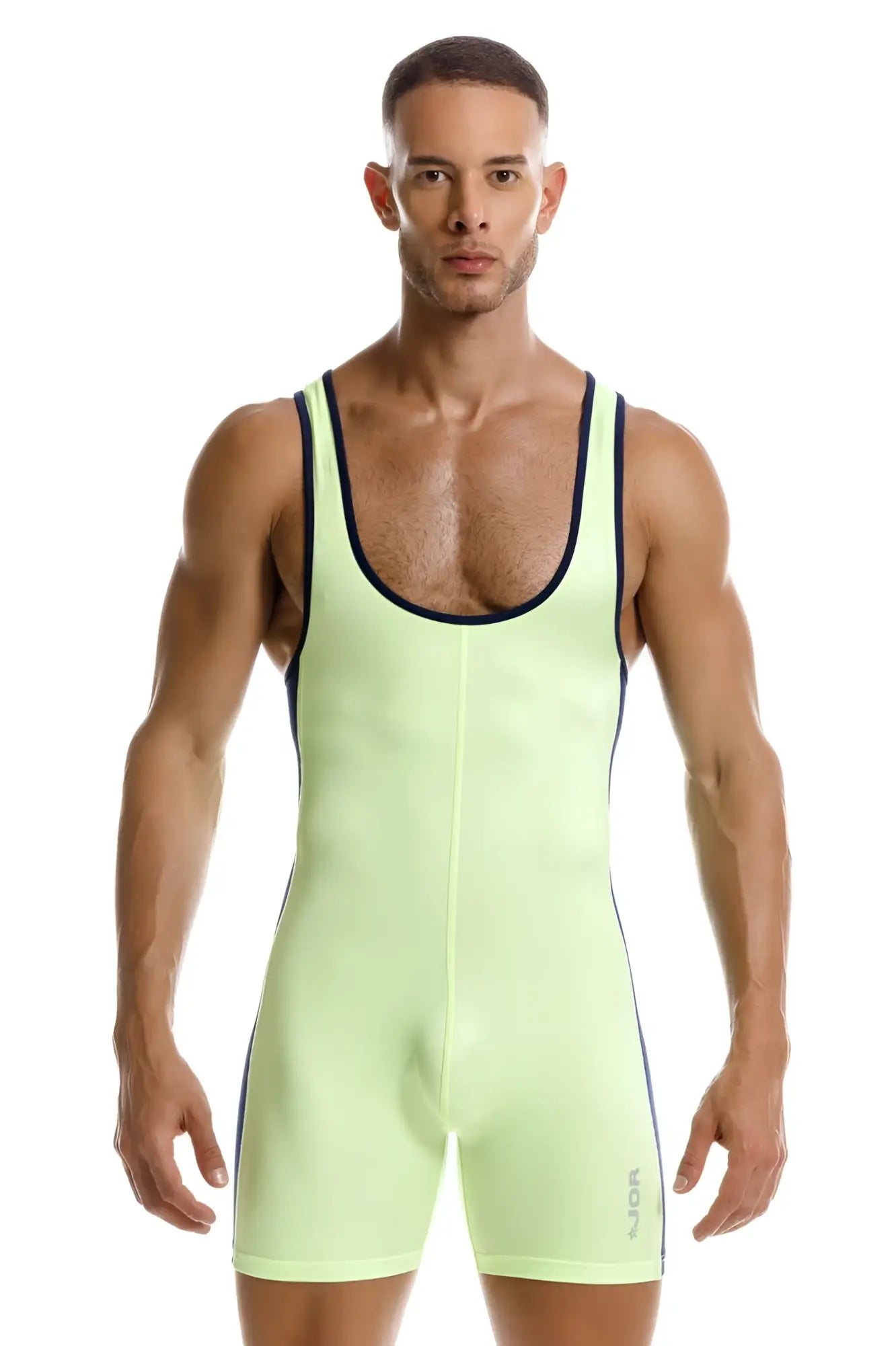 A neon green jor 2216 fighter bodysuit wrestling singlet with black trim along neckline and sides