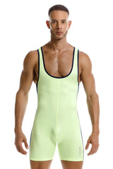 A neon green jor 2216 fighter bodysuit wrestling singlet with black trim along neckline and sides