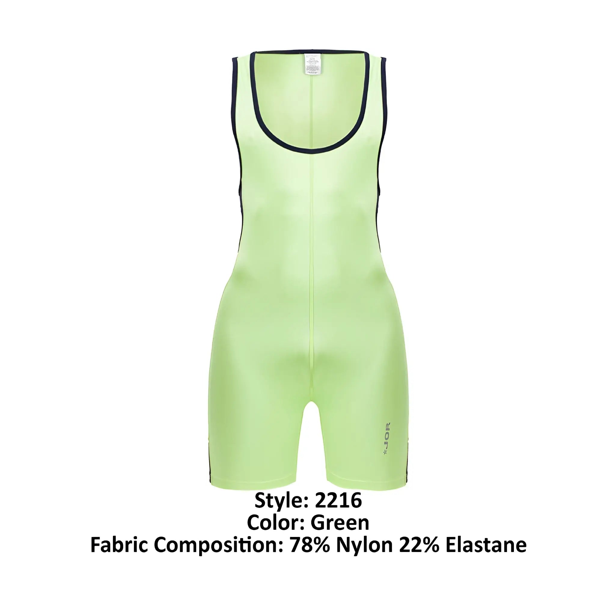 Neon green sleeveless jor 2216 fighter bodysuit with black trim along neckline and side seams for athletic use