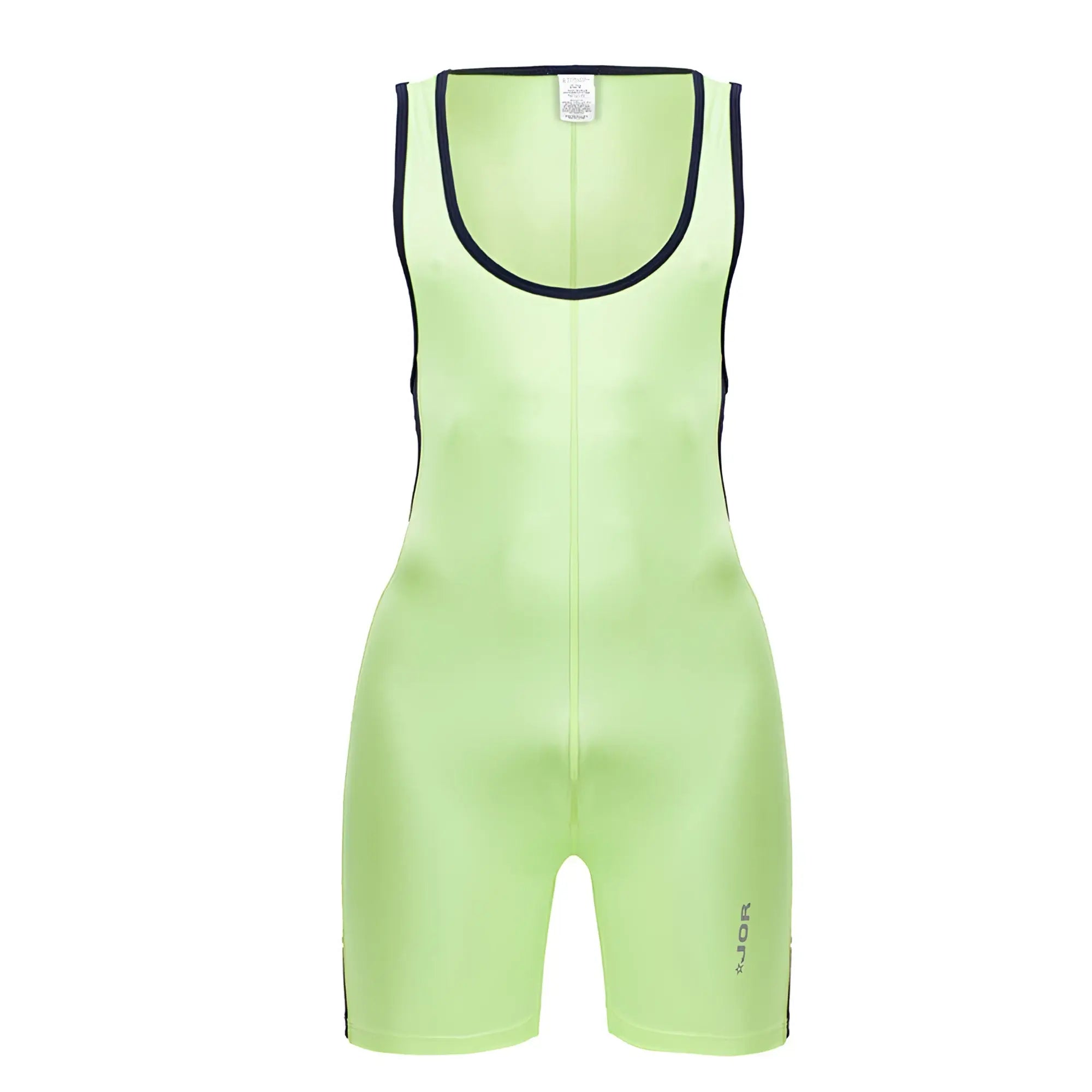 Neon green sleeveless athletic jumpsuit with black trim along neckline and sides in jor 2216 fighter bodysuit color green