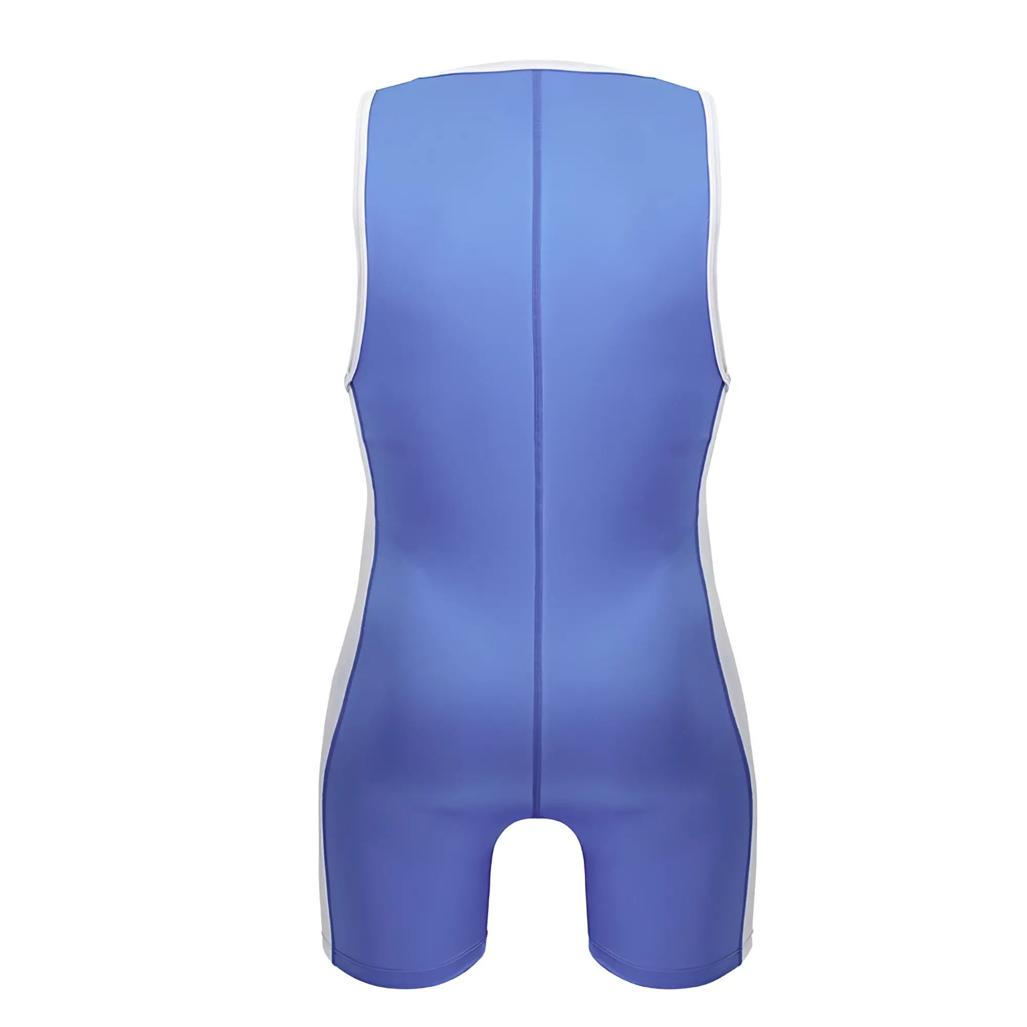 Blue and white sleeveless athletic bodysuit with central seam down the back in turquoise color for fighter use