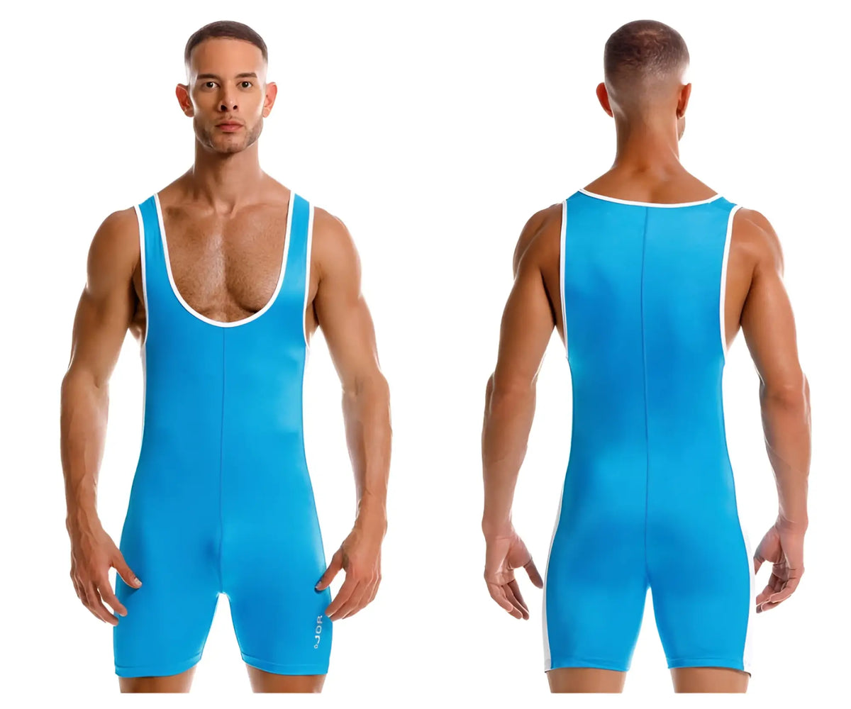 Bright blue jor 2216 fighter bodysuit wrestling singlet with white trim along neckline and armholes
