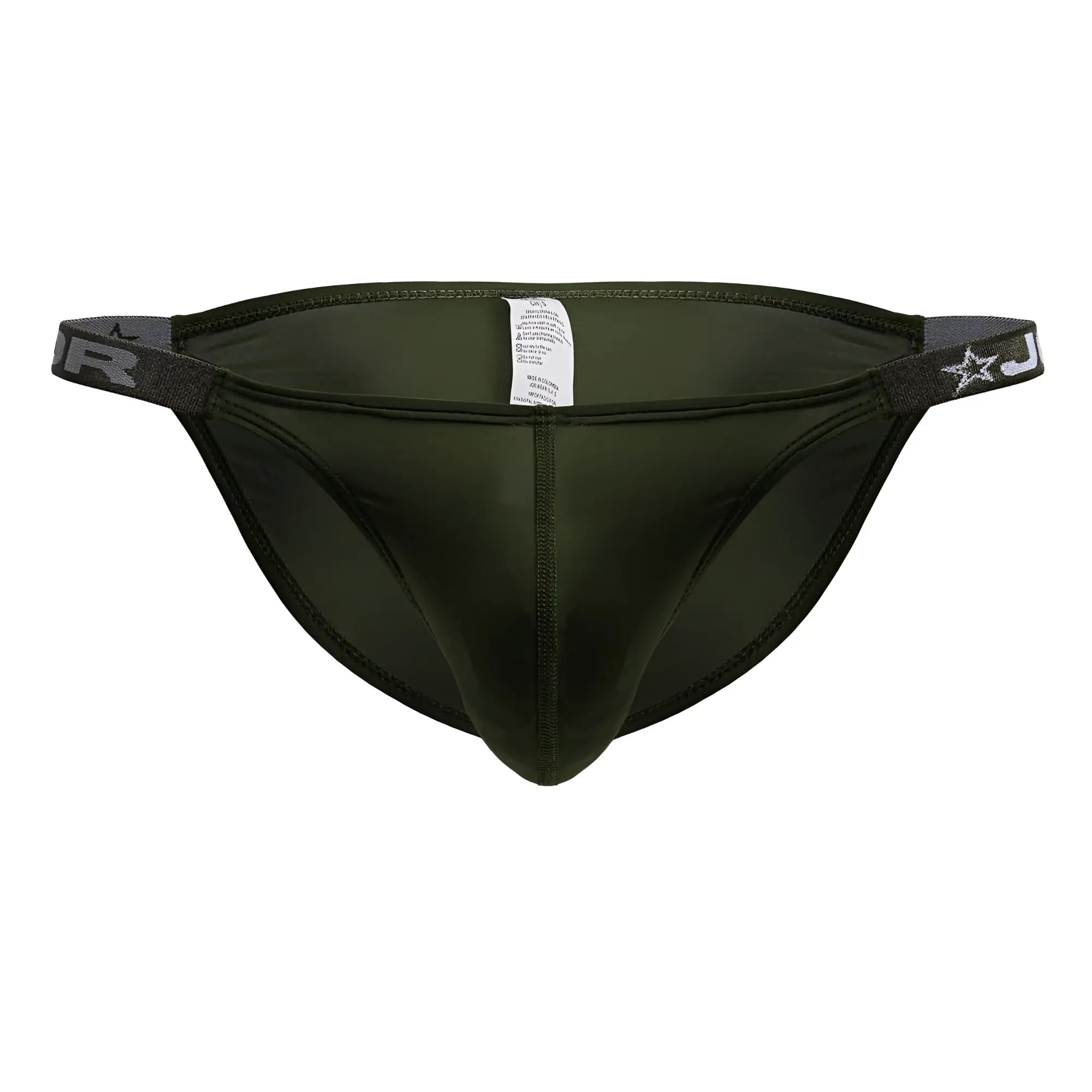 Dark olive green jor 2233 eros bikini briefs with elastic waistband featuring white star and j logo