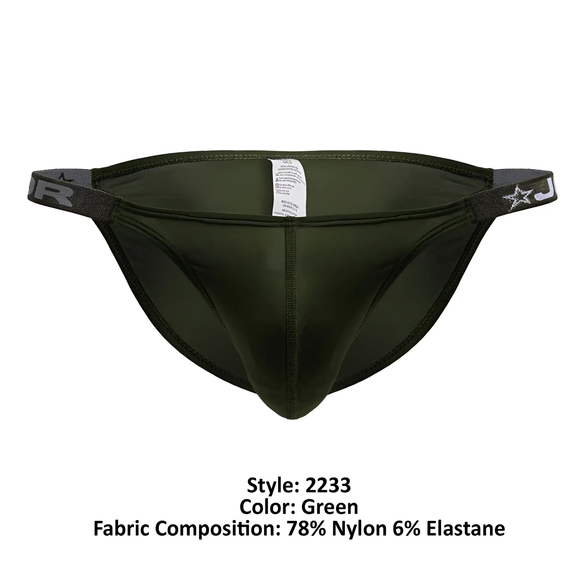 Olive green jor 2233 eros bikini briefs with elastic waistband featuring star and j logo for athletic use