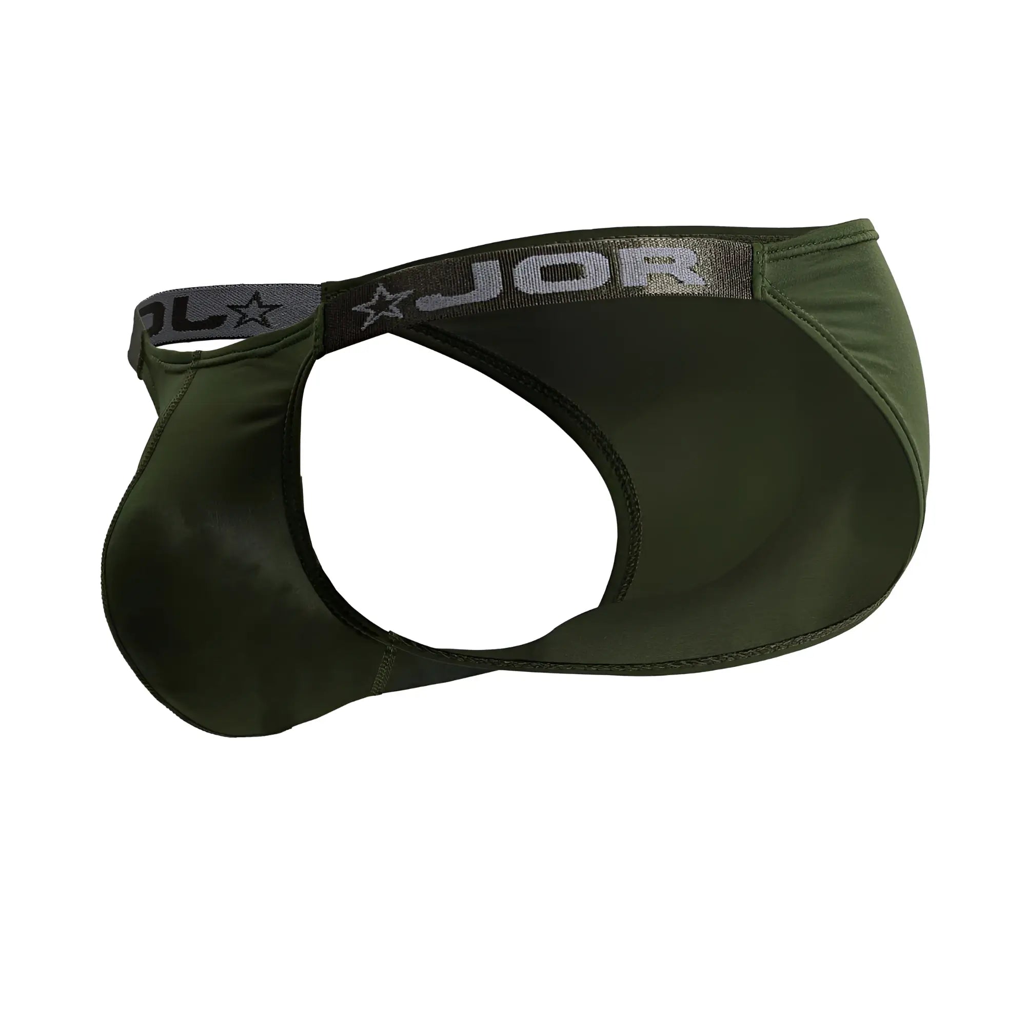 Olive green jor 2233 eros bikini thong made of smooth stretchy fabric with gray elastic waistband and brand logo