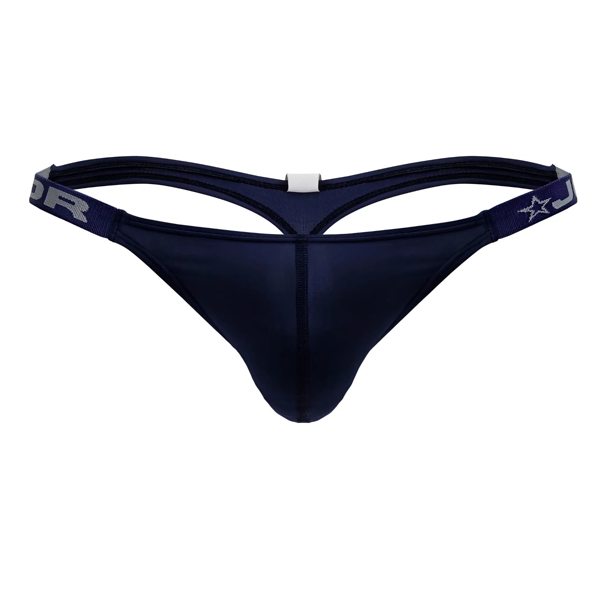 Dark navy blue JOR 2235 Eros thong with sleek form fitting design and elastic waistband with silver lettering and star logo