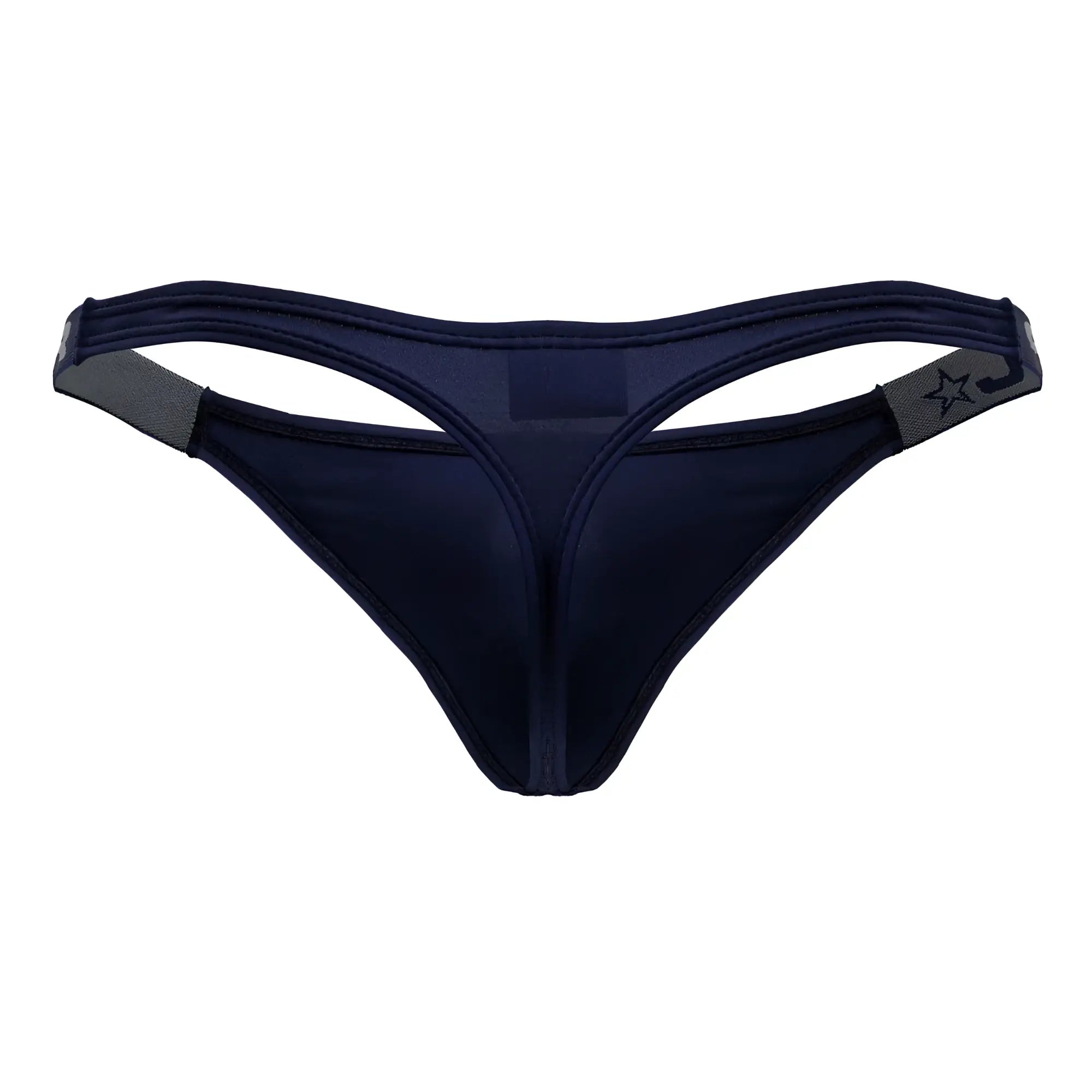 Navy blue JOR 2235 Eros thong with gray elastic straps and a star logo on the side showing the front view