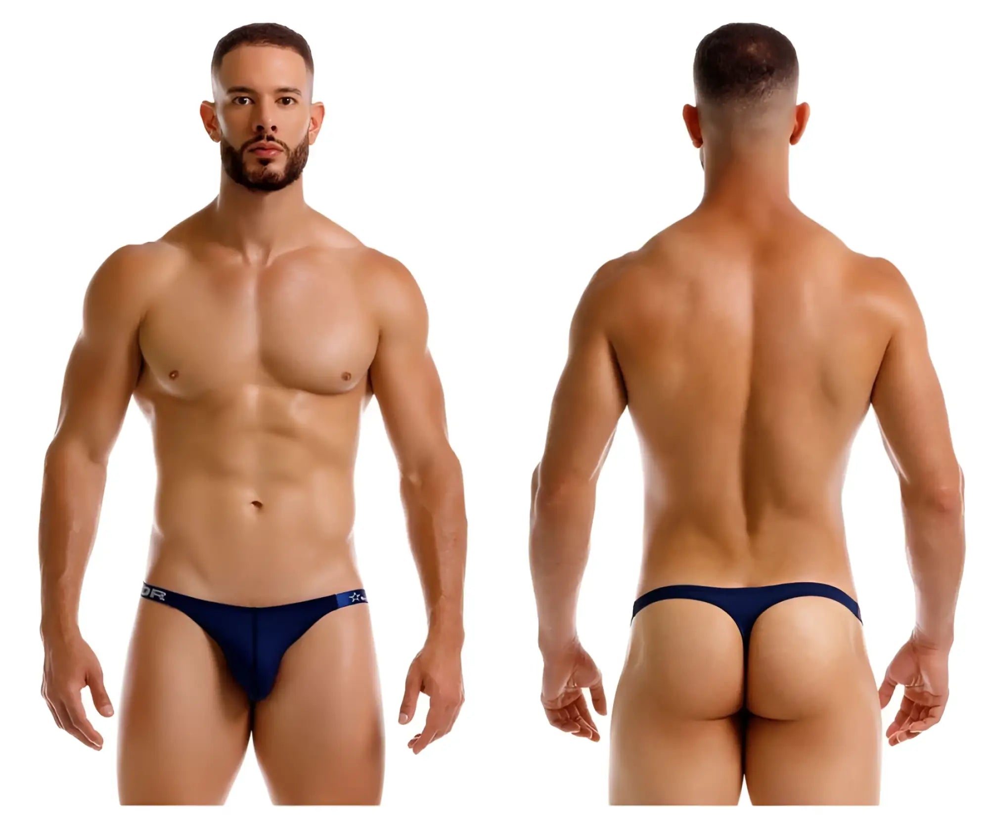 Navy blue jor 2235 eros thong with subtle logo on waistband showing front side in soft fabric