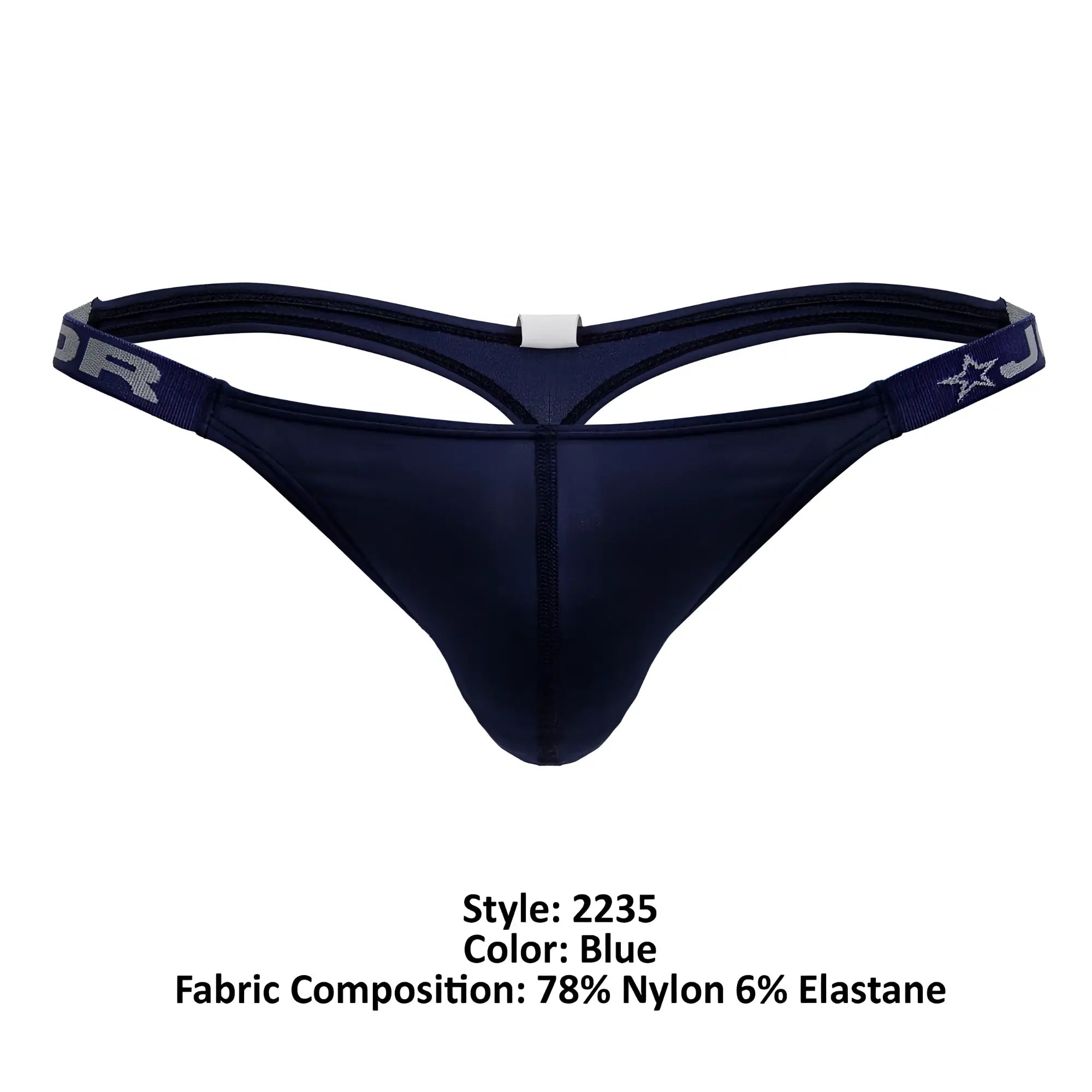 Navy blue JOR 2235 Eros thong with supportive contoured design and elastic waistband featuring gray lettering