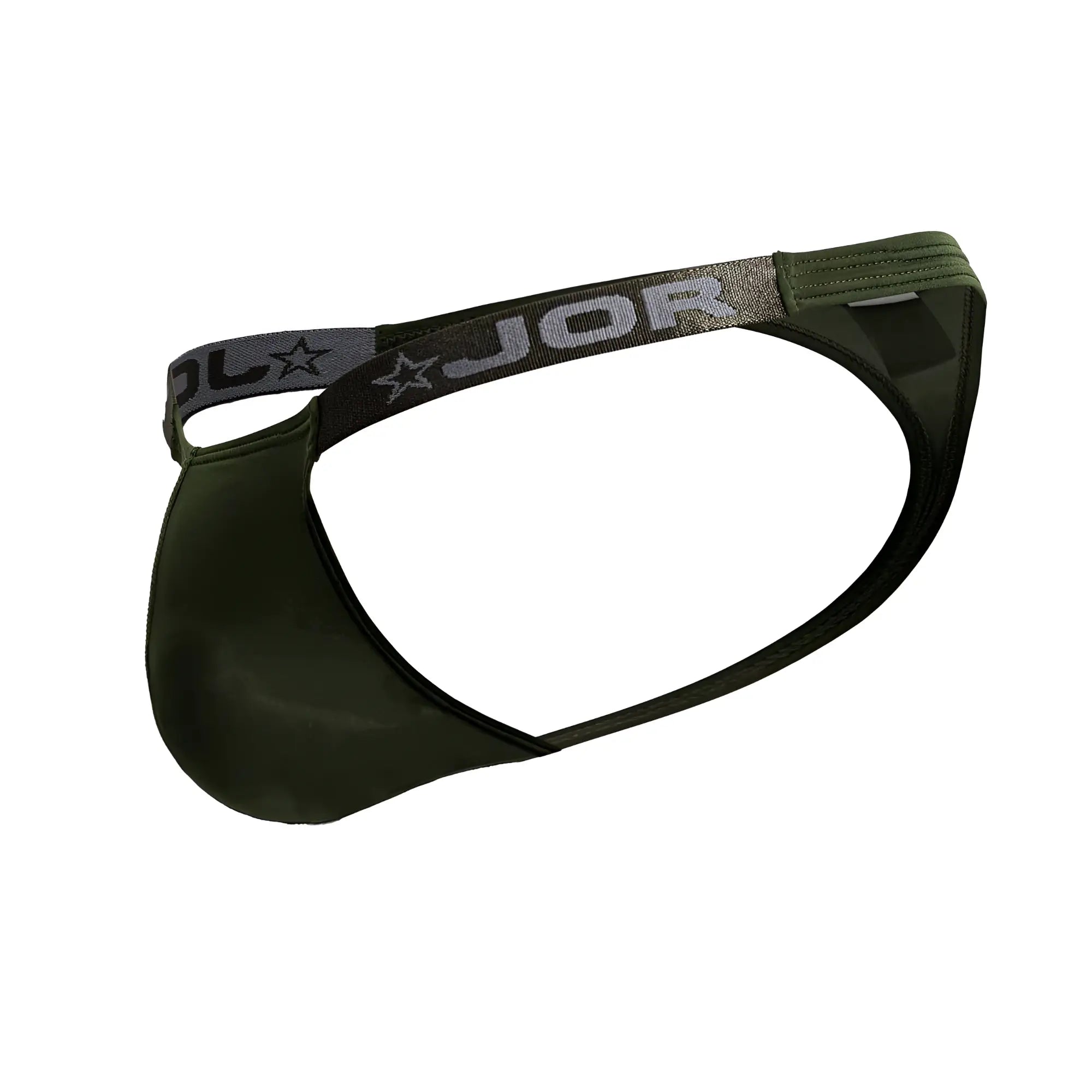 Dark olive green jor brand briefs with gray elastic waistband featuring jor logo and star emblem in eros thongs style