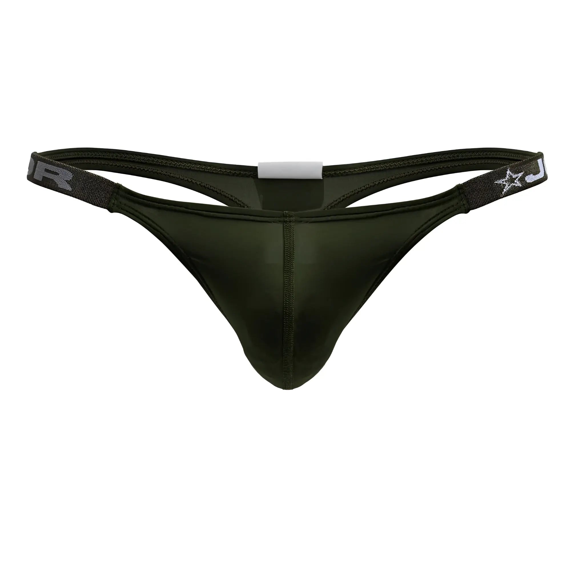 Jor 2235 eros thong in dark olive green with a sleek, form-fitting design and subtle sheen, shown from the back side