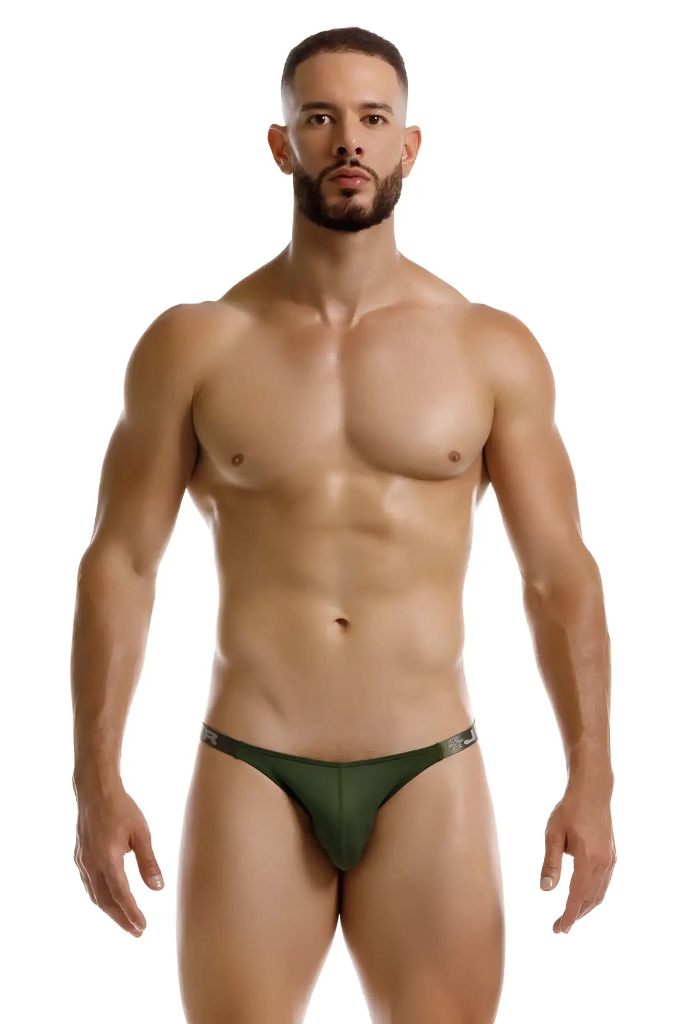 Dark green jor 2235 eros thongs form-fitting briefs with sleek minimalist design showing the front side