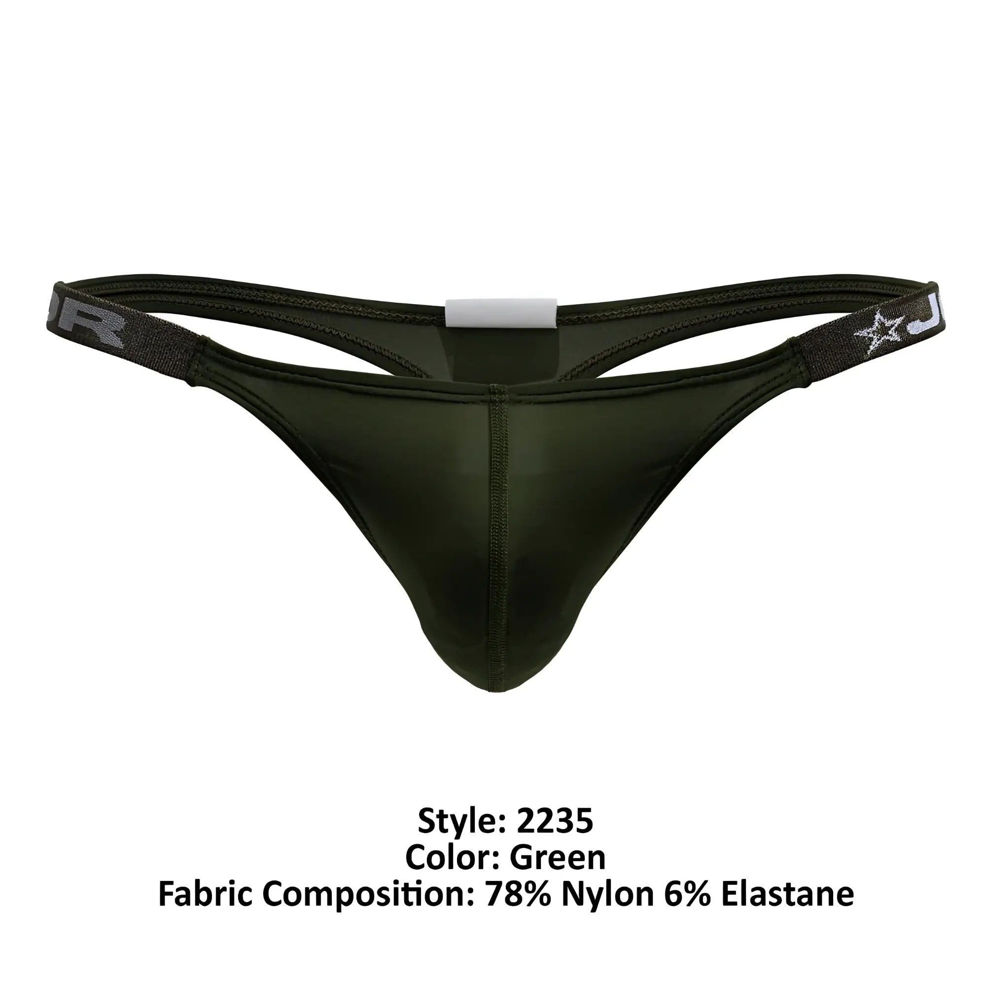 Dark green eros thong made of 78 nylon and 6 elastane with branded elastic waistband and star logo front view