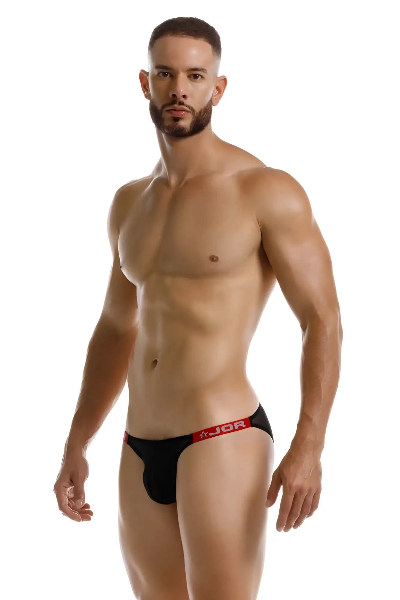 Black jor 2236 frost bikini briefs with red waistband featuring jor logo and star emblem front view