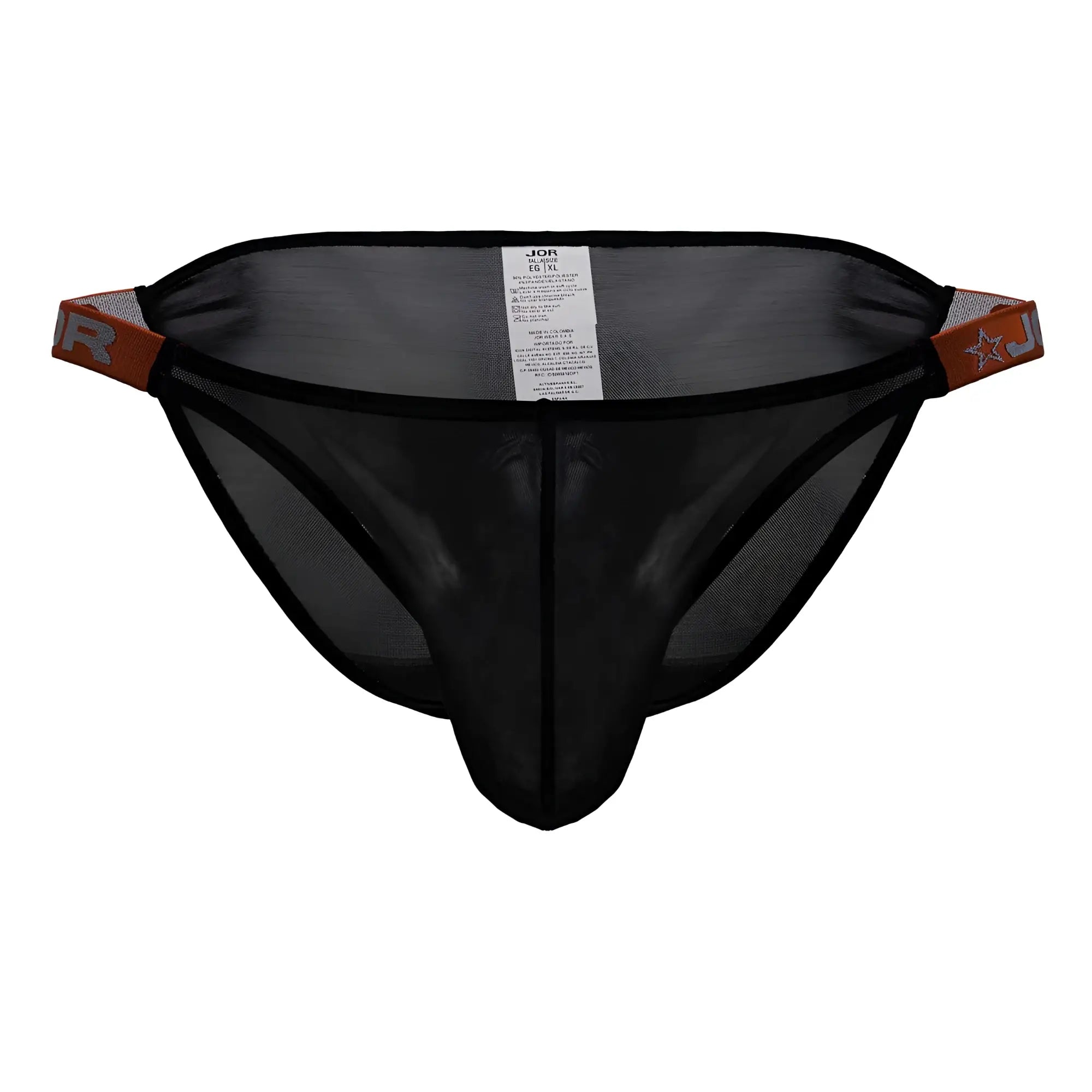Black mesh thong bikini with orange and silver branded side tabs from JOR 2236 Frost bikini in black color