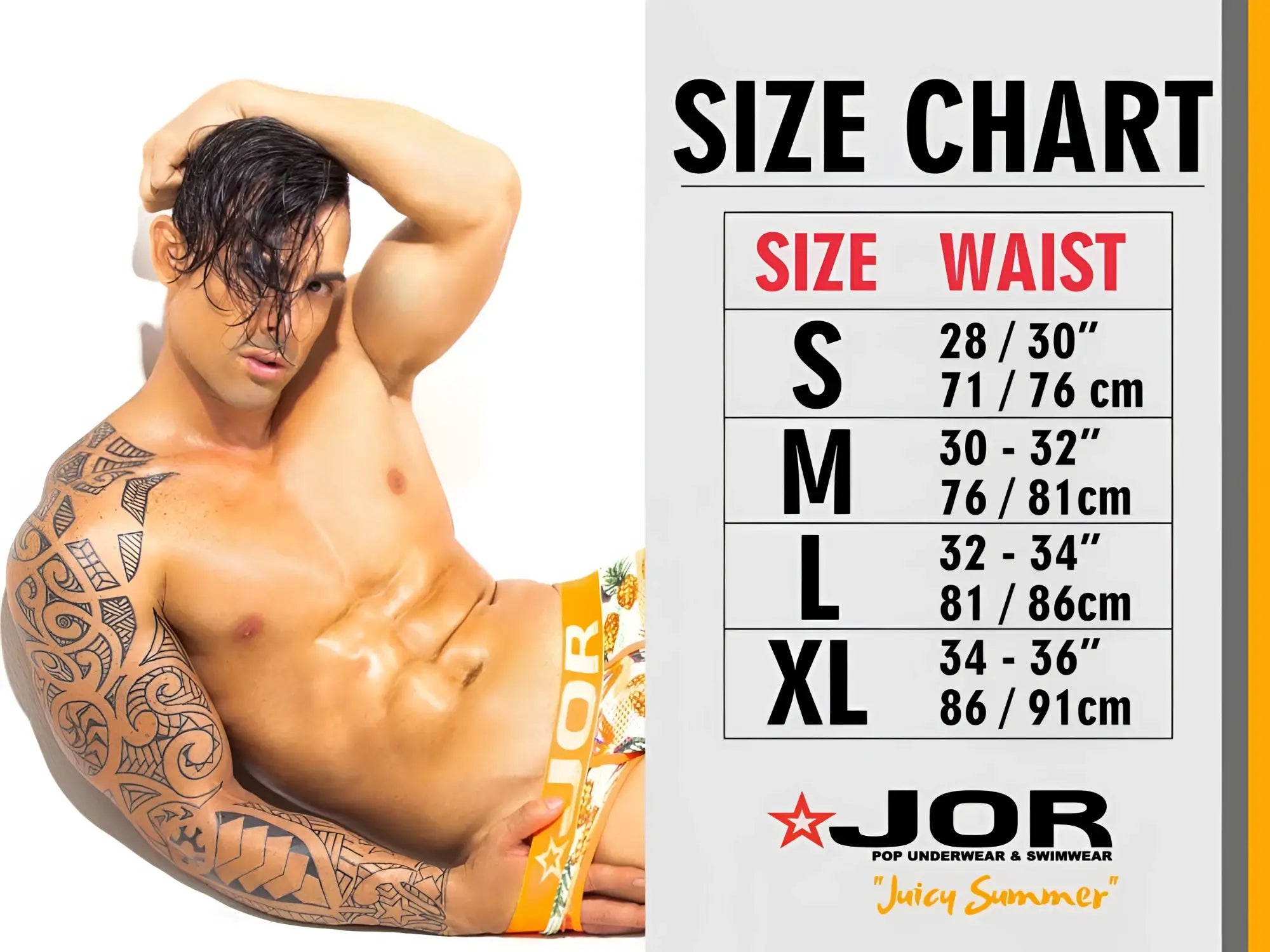 Jor 2236 frost bikini black featuring orange and white patterned swim trunks with pineapple design front view