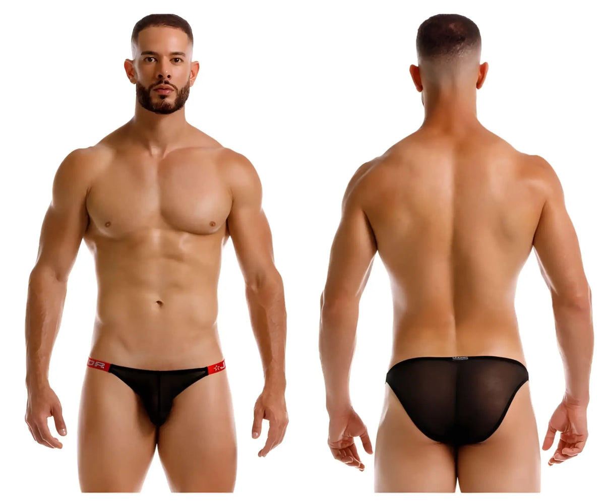 Black sheer mesh briefs with red trim and small logo on waistband jor 2236 frost bikini color black front view