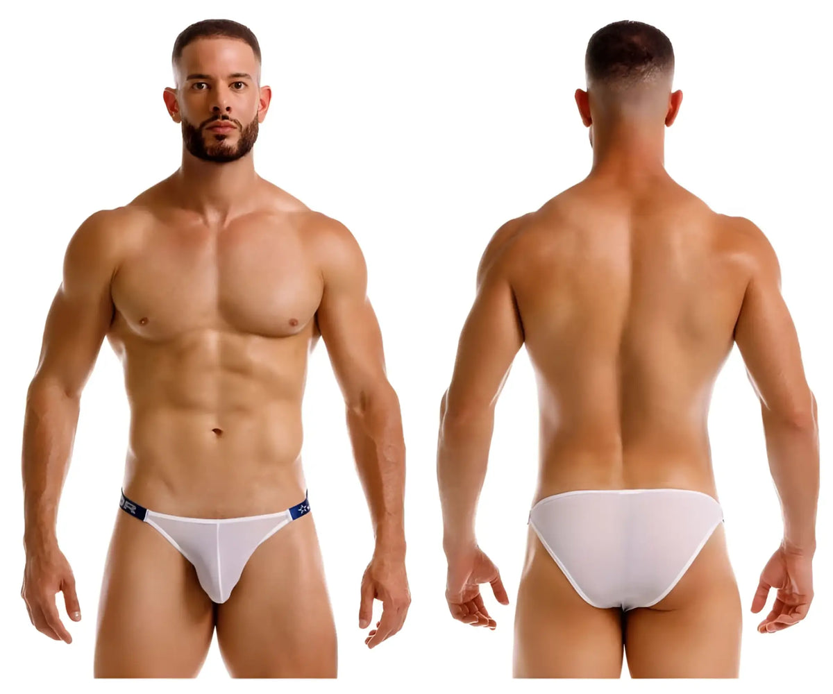 White athletic briefs jor 2236 frost bikini with blue trim and subtle waistband logo for active wear