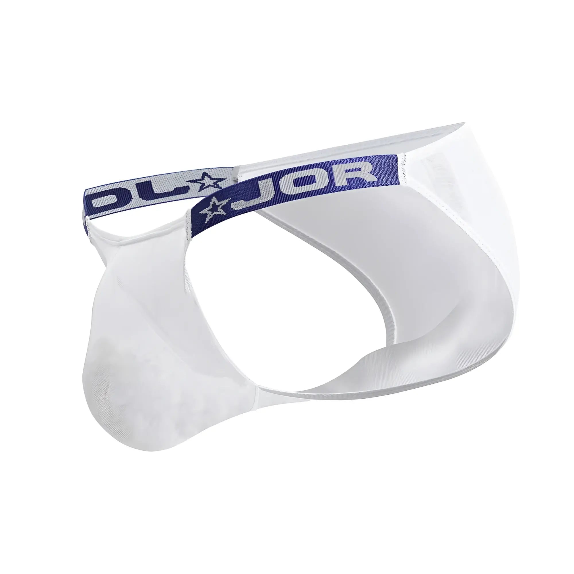 White mesh briefs with navy blue dljor logo waistband star design in jor 2236 frost bikini color white