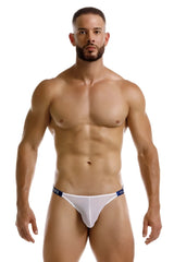 White thong bikini with blue trim and subtle logo on waistband jor 2236 frost bikini color white back side