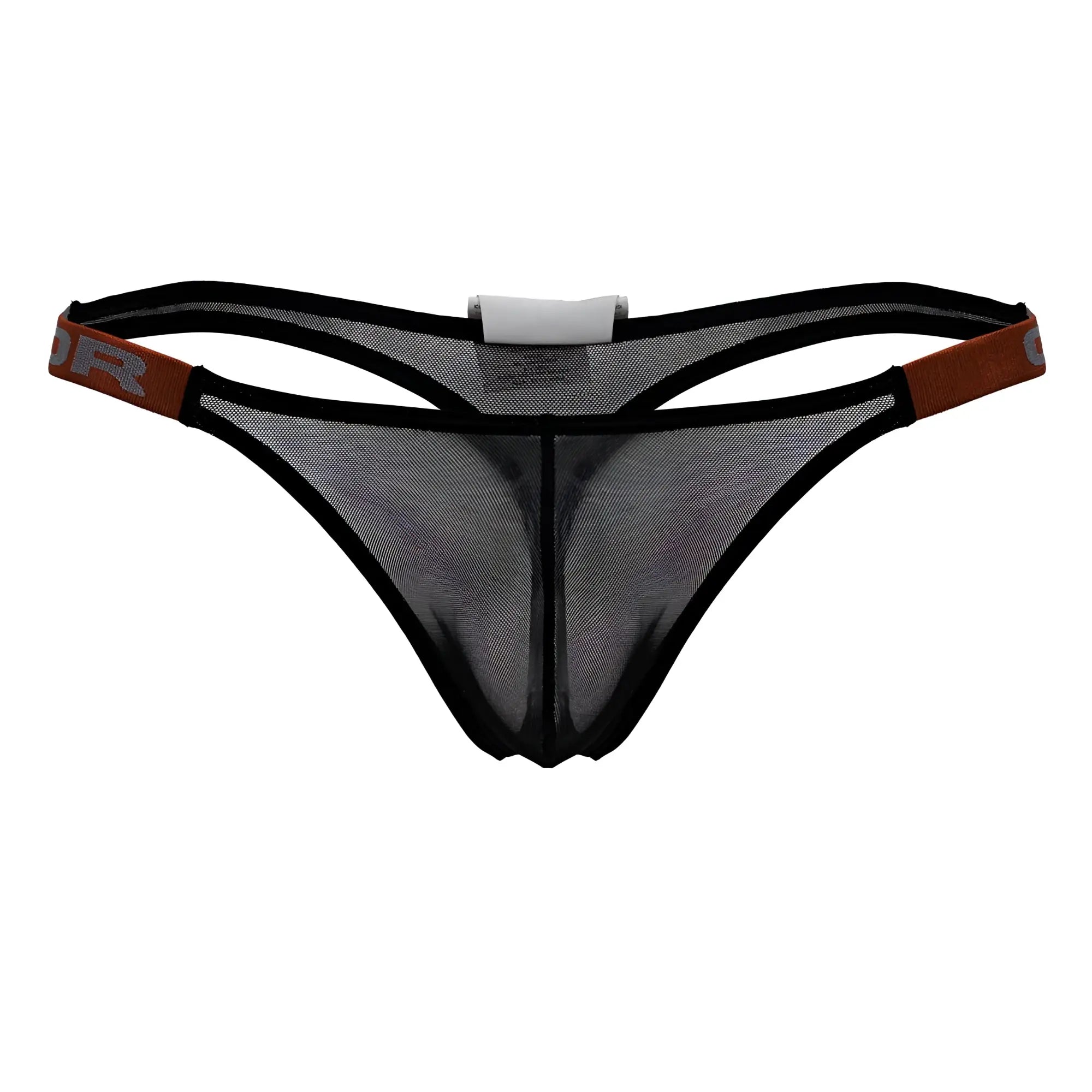 Black mesh thong jor 2238 frost thongs with brown elastic waistband and black trim shown from the back side