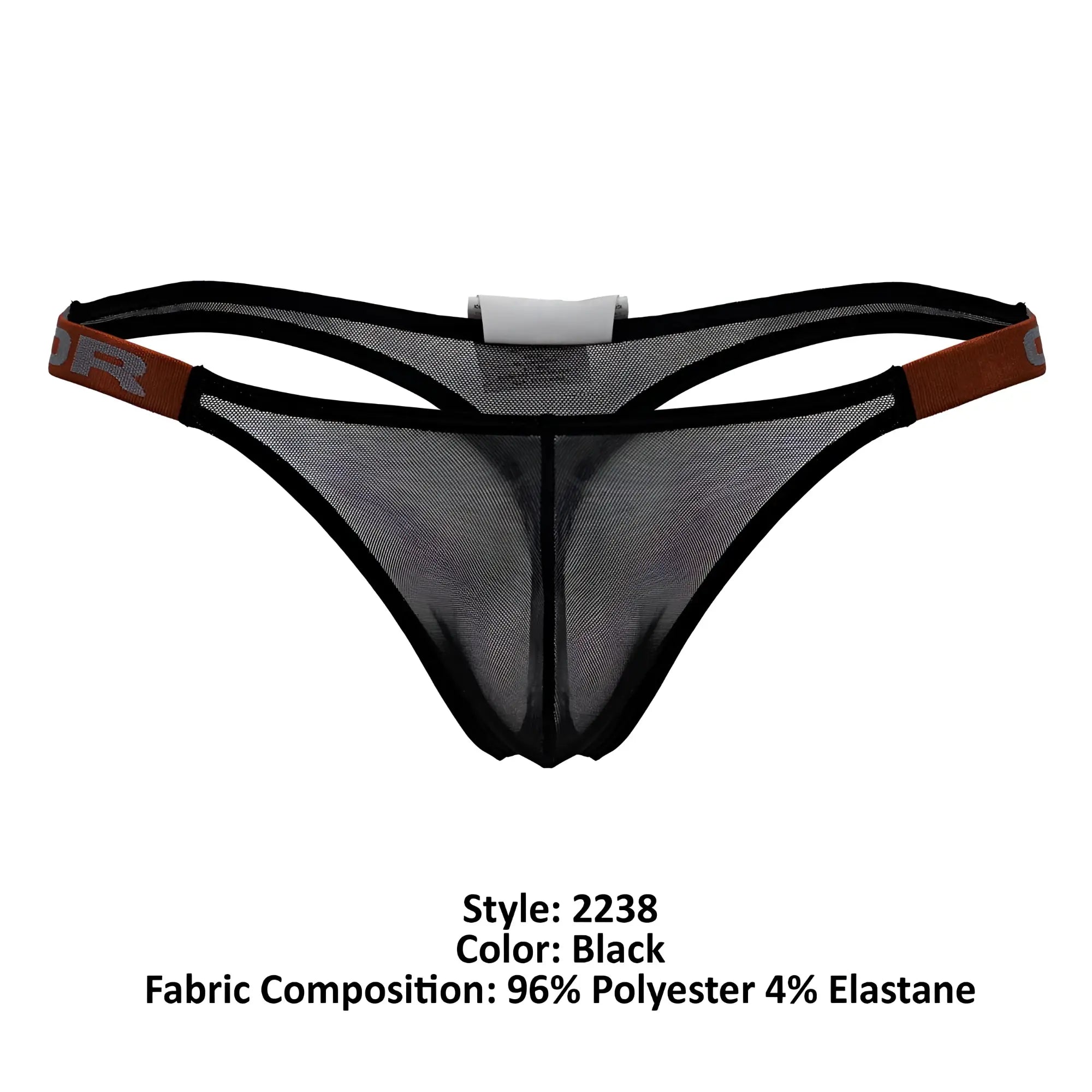Black mesh thong with black elastic trim and brown side bands featuring gray logo jor 2238 frost thongs color black