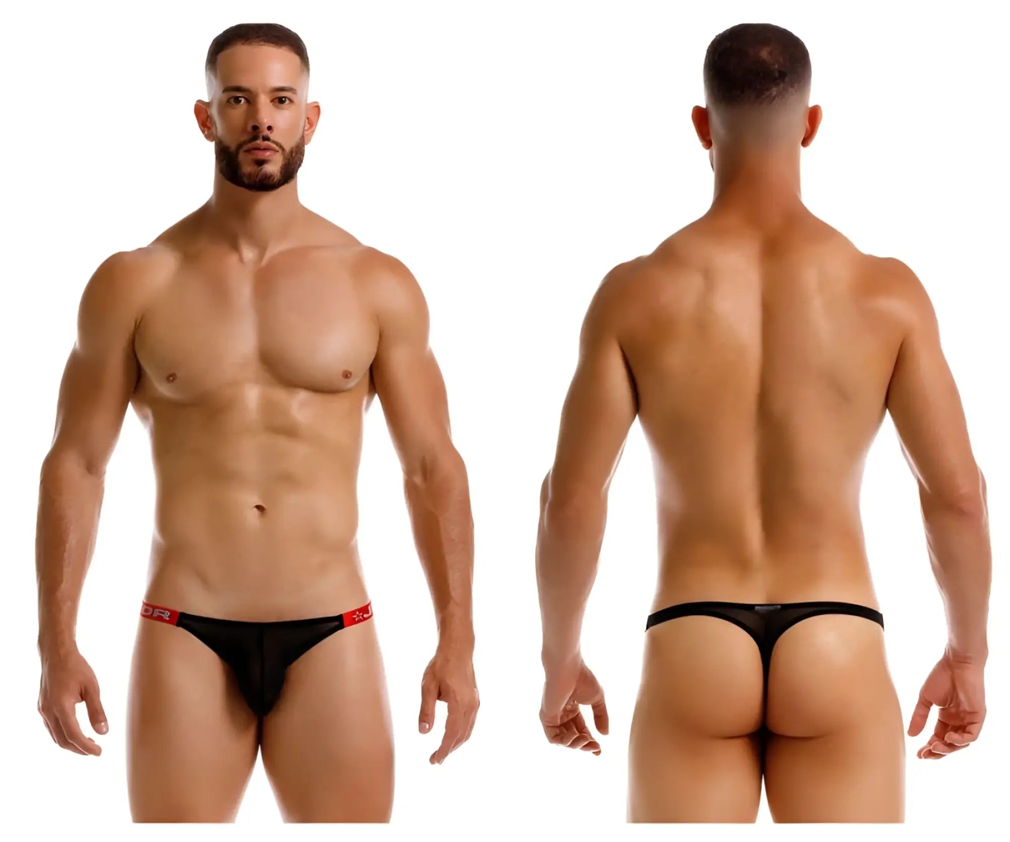 Black mesh thong with red trim and small logo on waistband jor 2238 frost thongs color black back side view