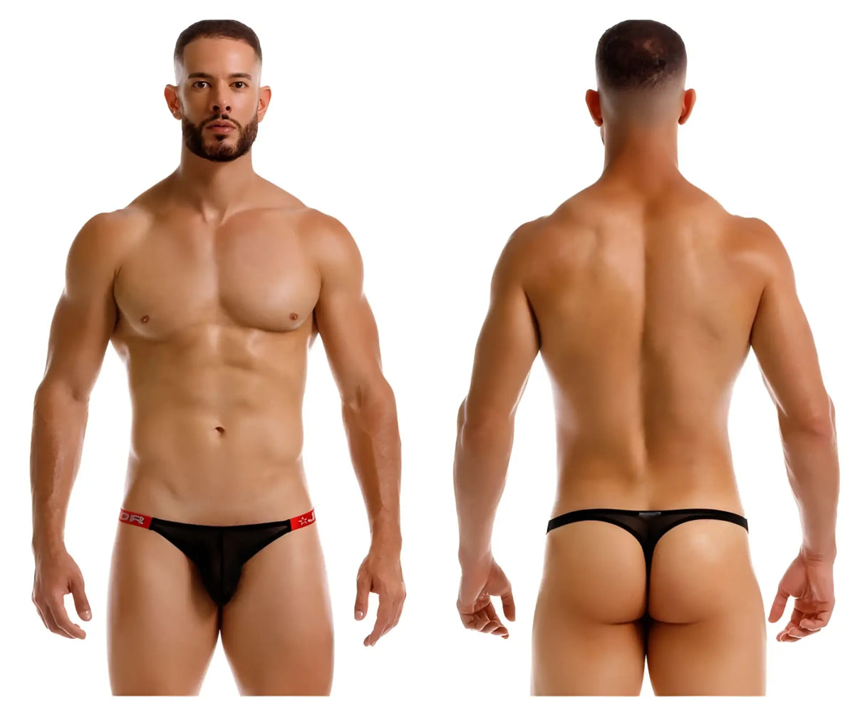Black mesh thong with red trim and small logo on waistband jor 2238 frost thongs color black back side view