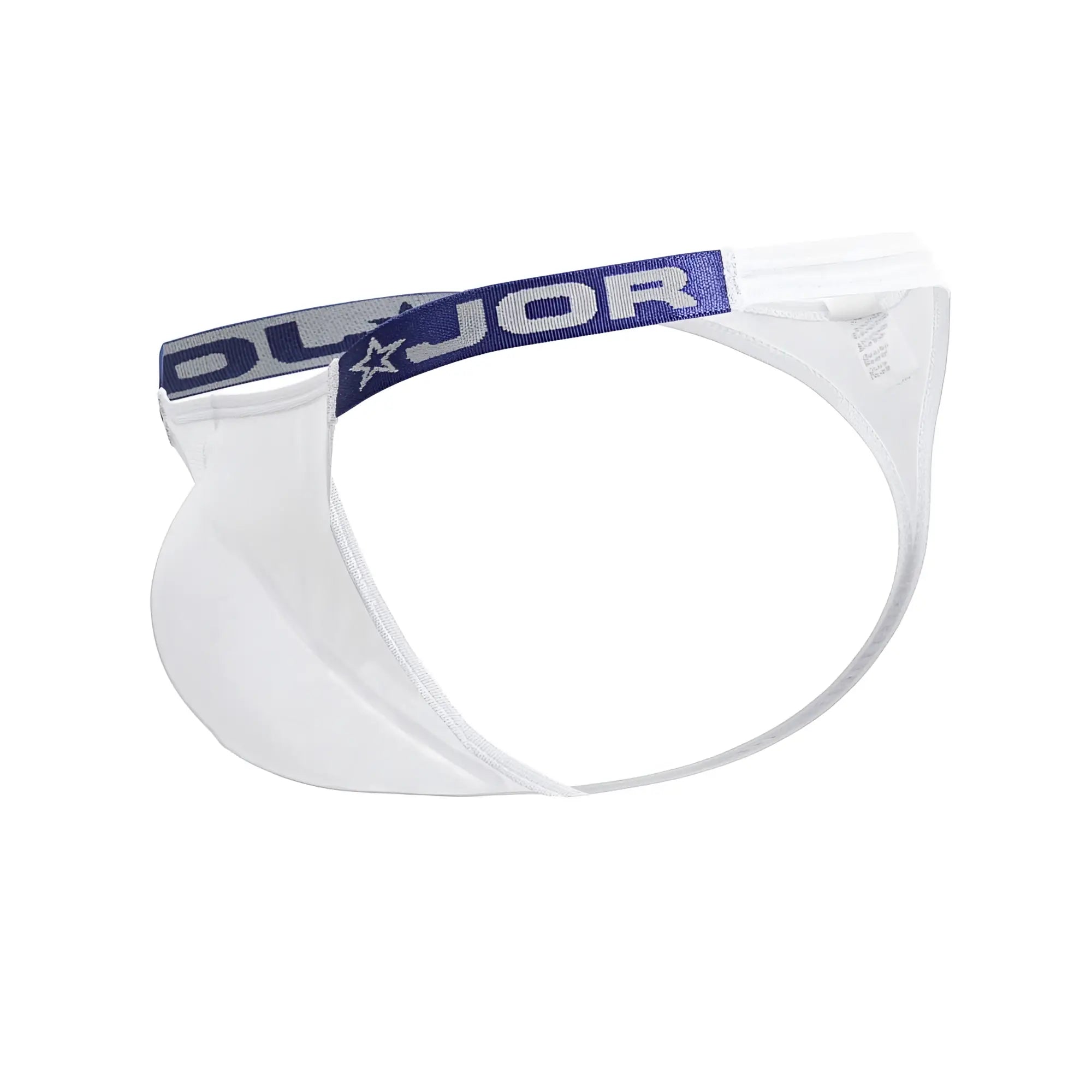 White men’s briefs with navy blue elastic waistband featuring dorj logo and star emblem jor 2238 frost thongs white