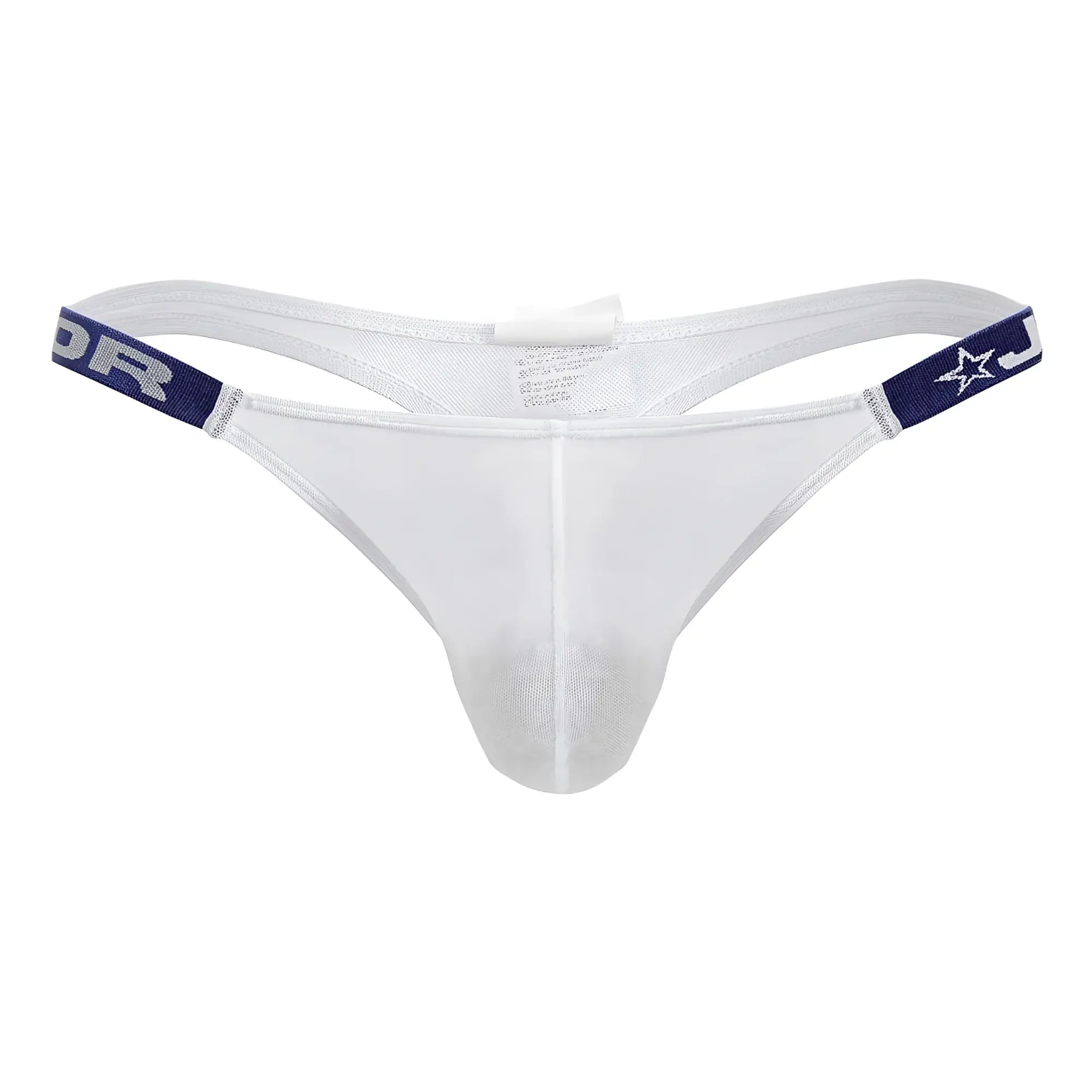 White mesh thong with navy blue elastic waistbands featuring star and lettering design jor 2238 frost thongs color white
