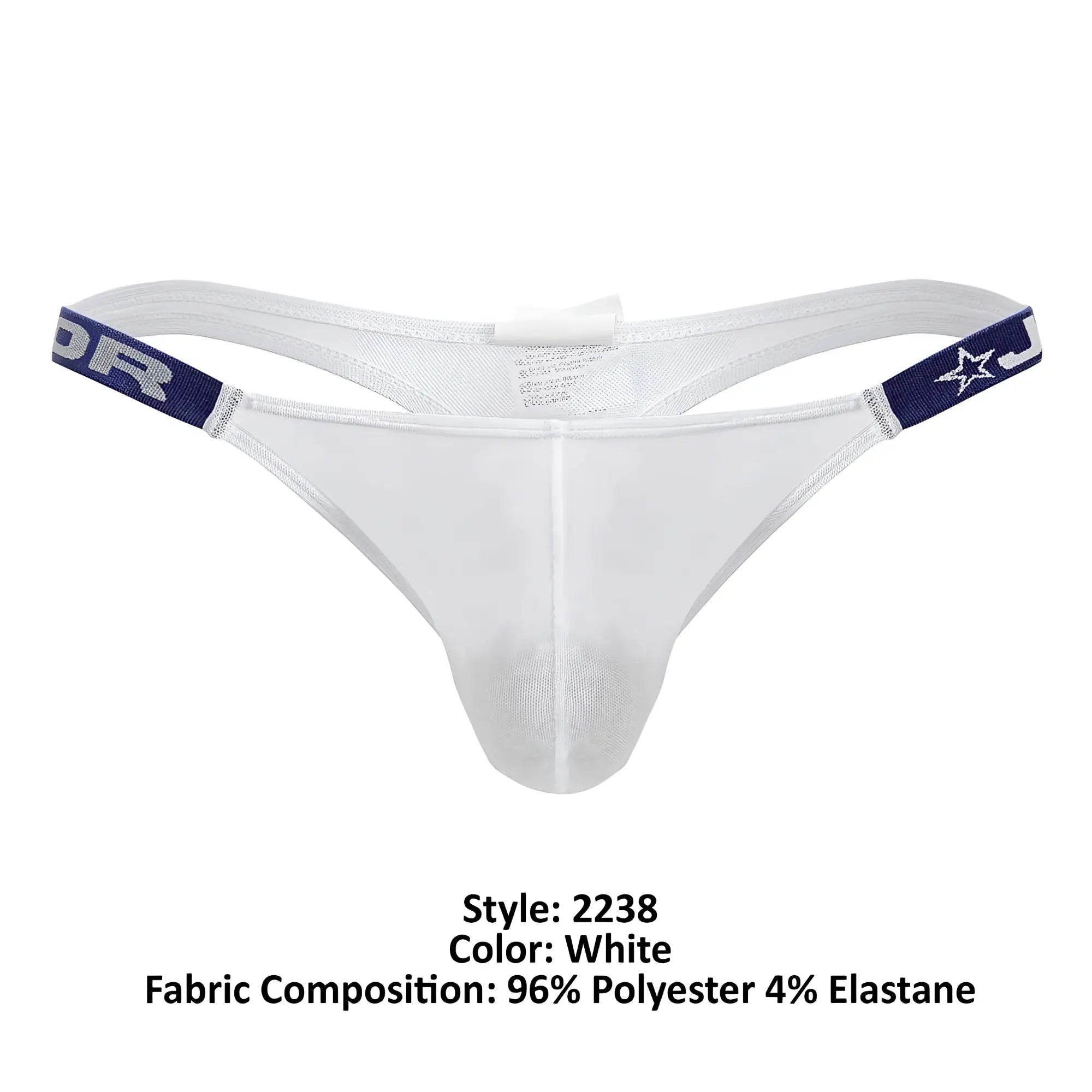 White mesh thong with navy blue elastic bands featuring star and lettering design jor 2238 frost thongs color white