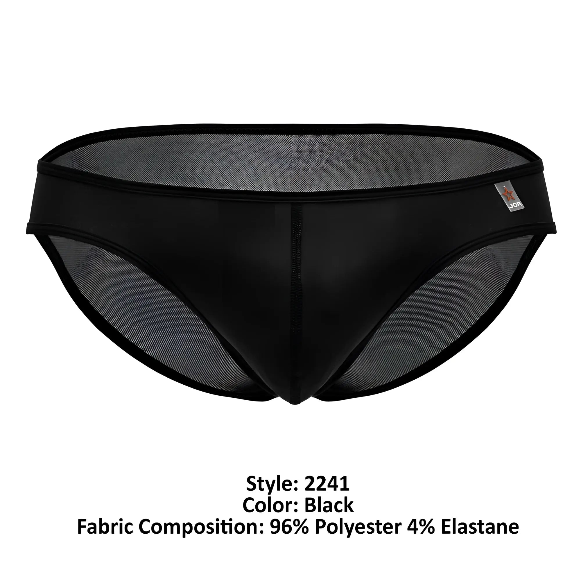 Black jor 2241 origin briefs with black mesh fabric and smooth solid waistband and leg openings front view