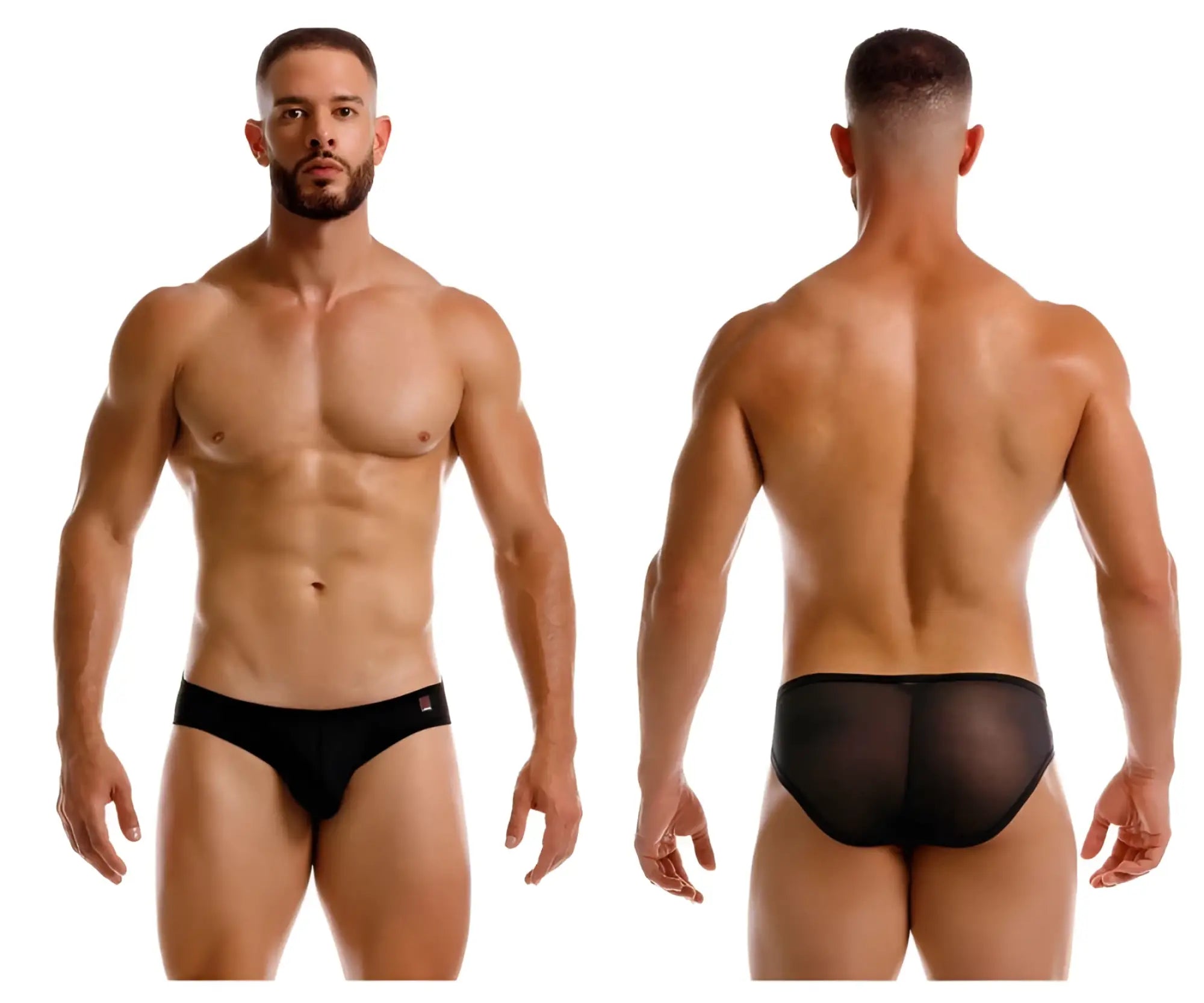 Black jor 2241 origin briefs with mesh fabric, solid black waistband, and small red logo on left side