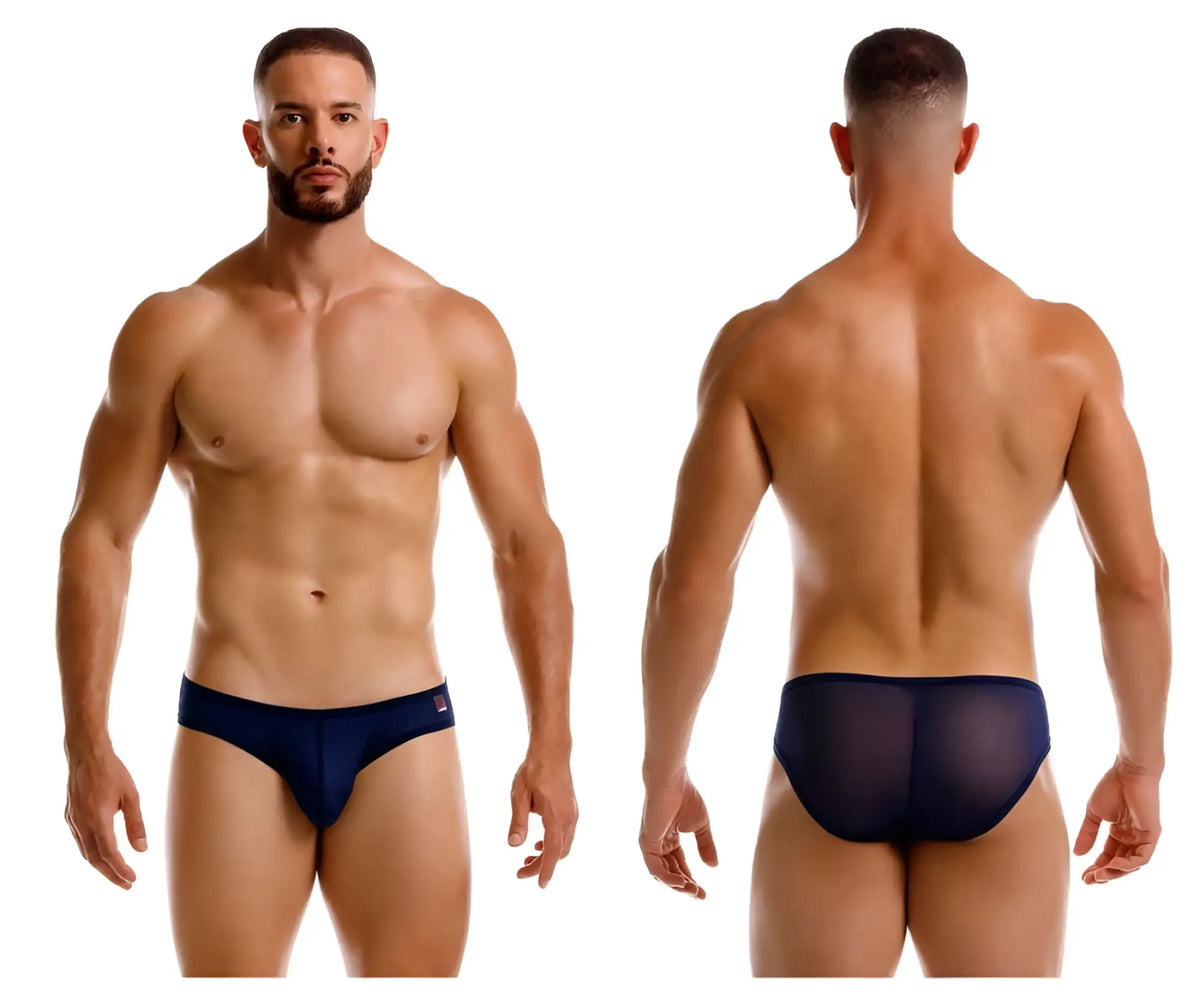 Navy blue sheer mesh JOR 2241 Origin briefs with solid fabric waistband showing the front side of the product