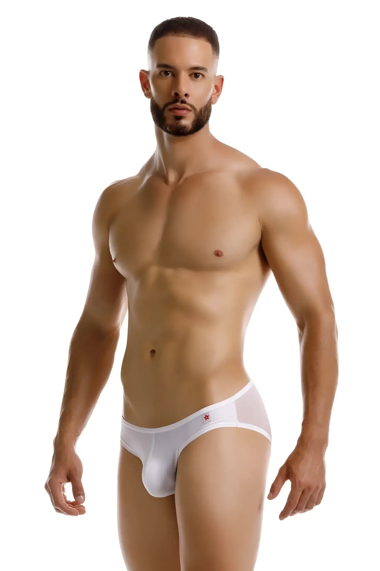 White jor origin briefs with sheer mesh side panels and a small red logo on the waistband