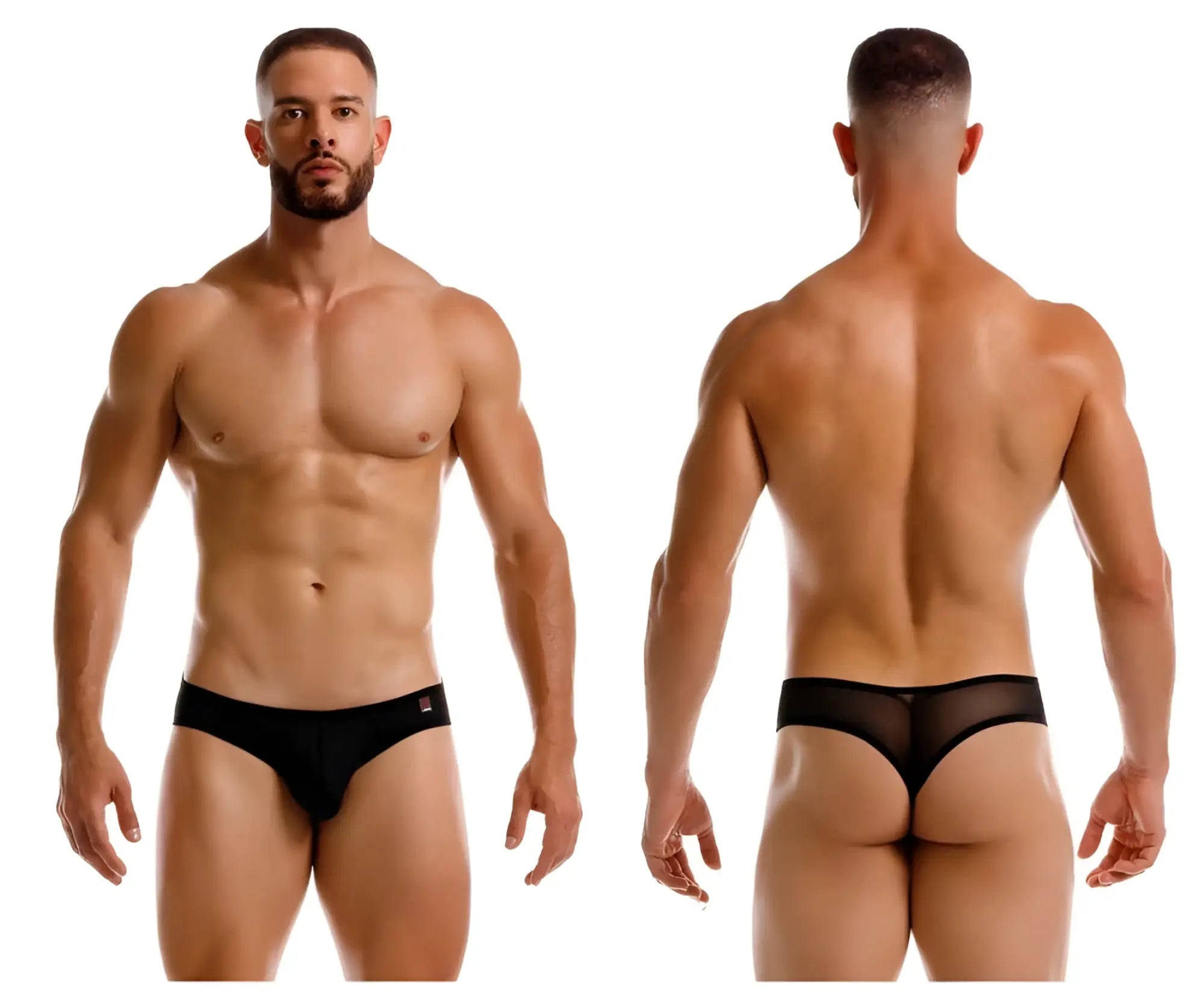 Black mesh jor 2242 origin thongs with solid black waistband and small red logo on the left side front view