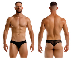Black mesh jor 2242 origin thongs with solid black waistband and small red logo on the left side front view