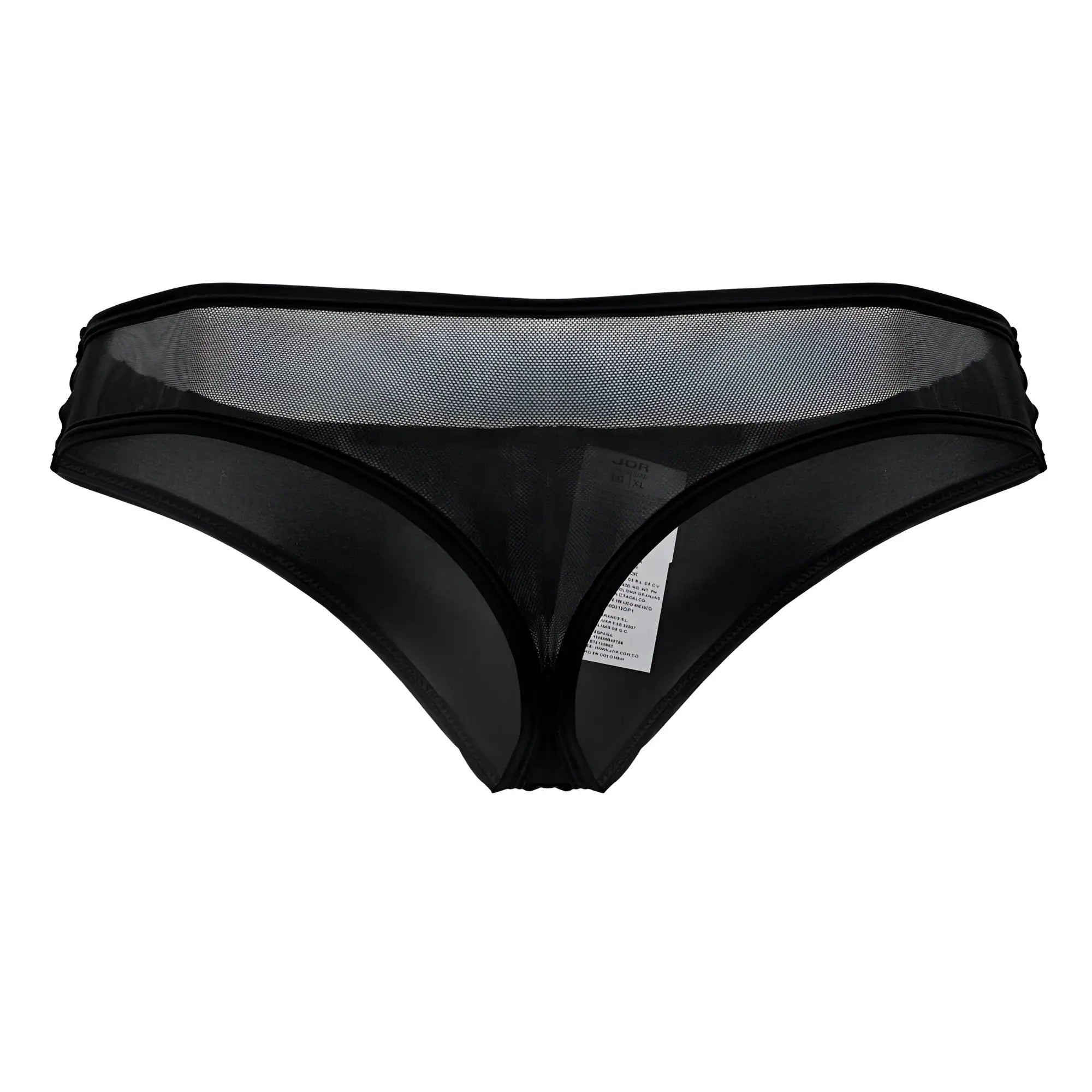 Black sheer mesh thong jor 2242 origin with solid black waistband and leg openings front view