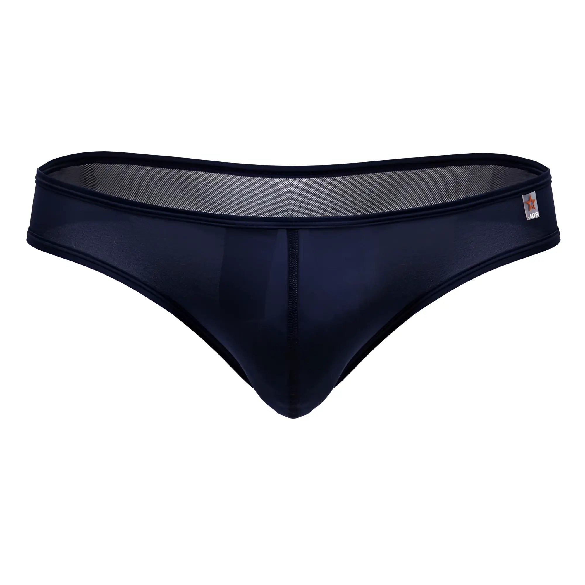 Blue JOR 2242 Origin thongs with black mesh sides, smooth opaque front panel, and subtle star logo on waistband