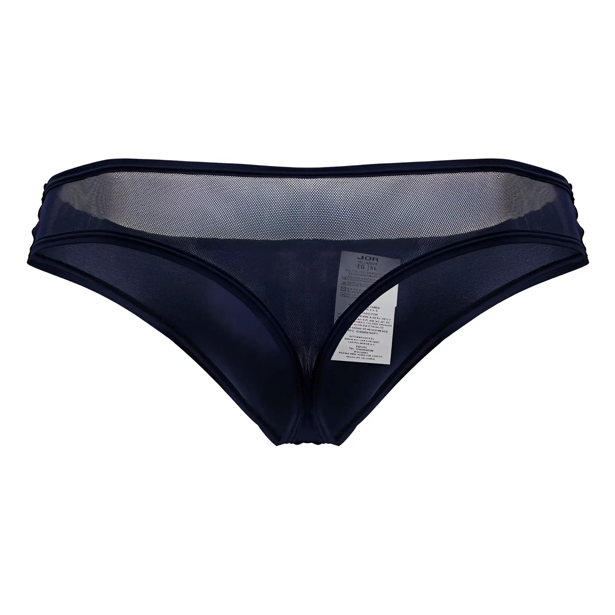 Dark navy jor 2242 origin thong with satin fabric and sheer mesh panel at the back in blue color
