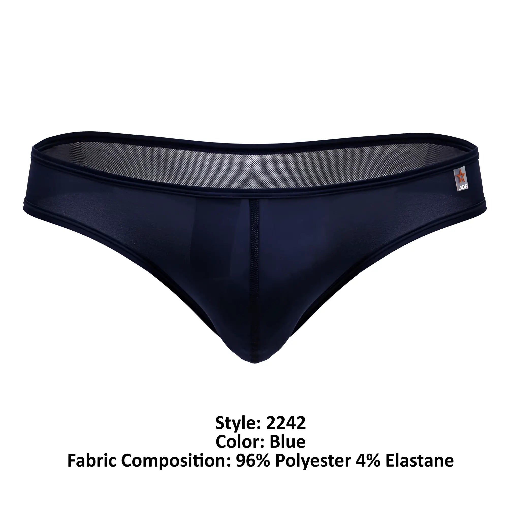Dark blue jor 2242 origin thong showing back side made of sheer mesh and opaque fabric blend
