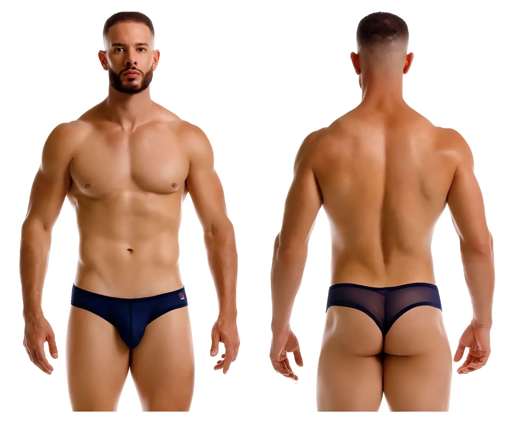 Navy blue jor 2242 origin thong with mesh fabric and solid waistband shown from the back side