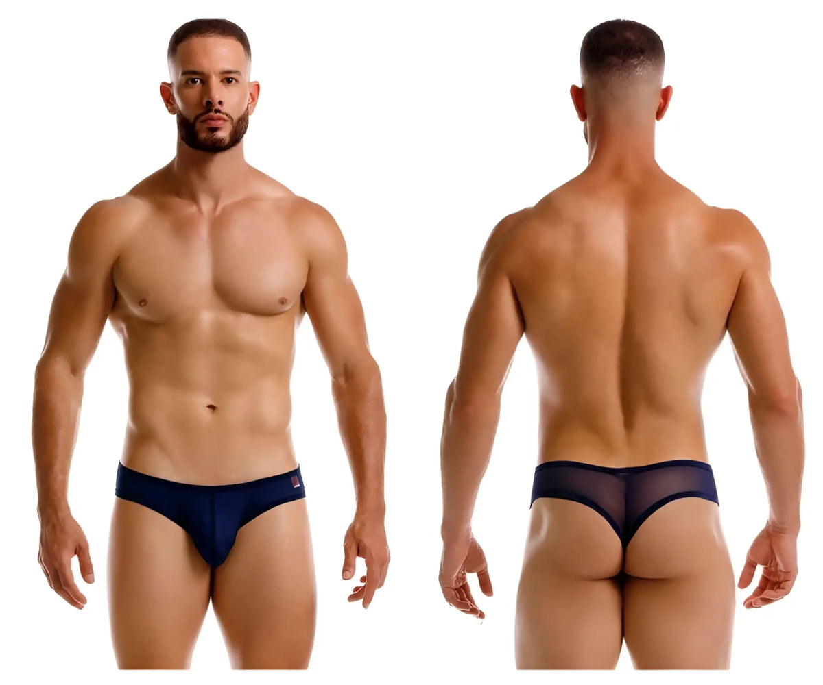 Navy blue jor 2242 origin thong with mesh fabric and solid waistband shown from the back side