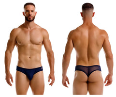 Navy blue jor 2242 origin thong with mesh fabric and solid waistband shown from the back side