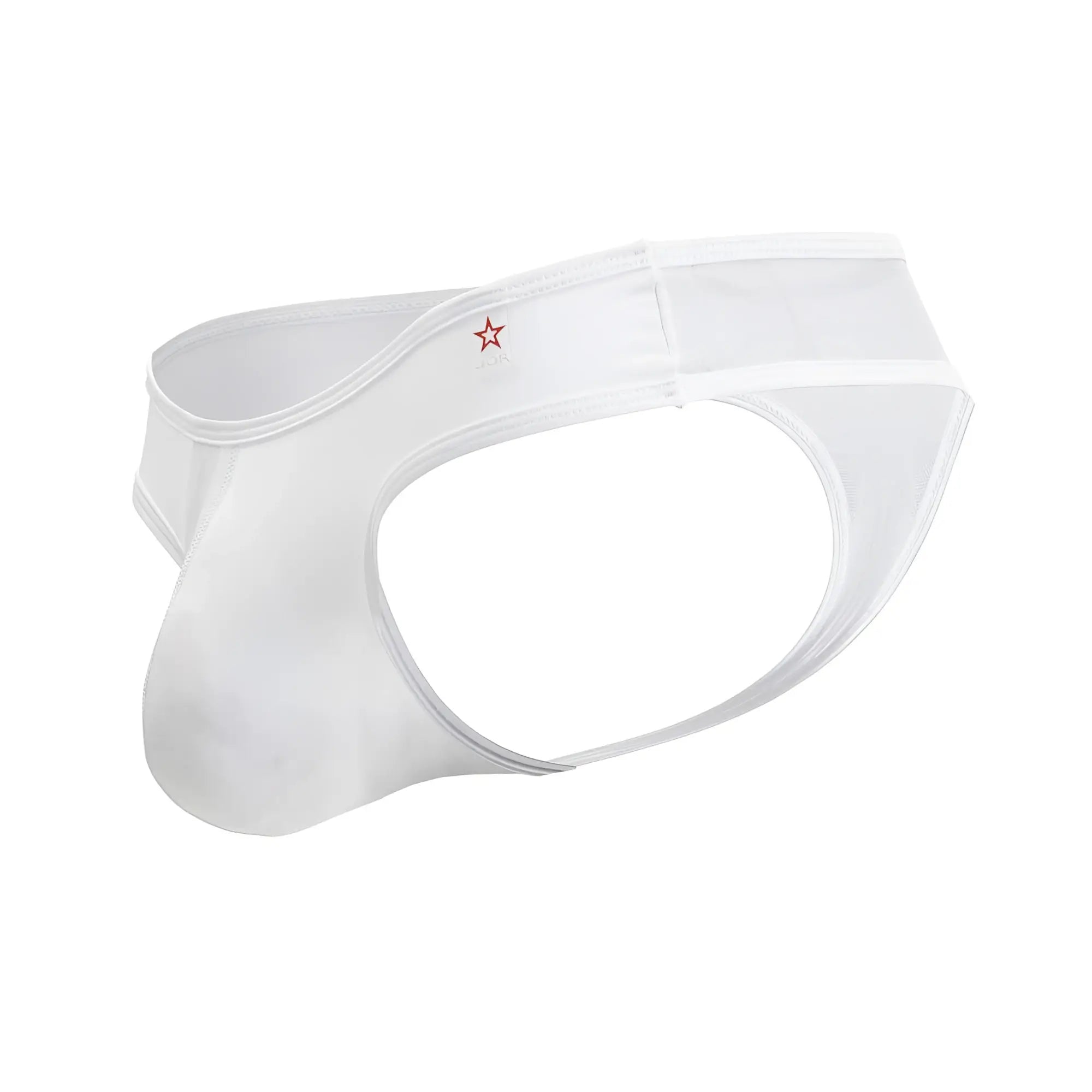 White jor 2242 origin thongs sheer mesh briefs with red star emblem on waistband front view