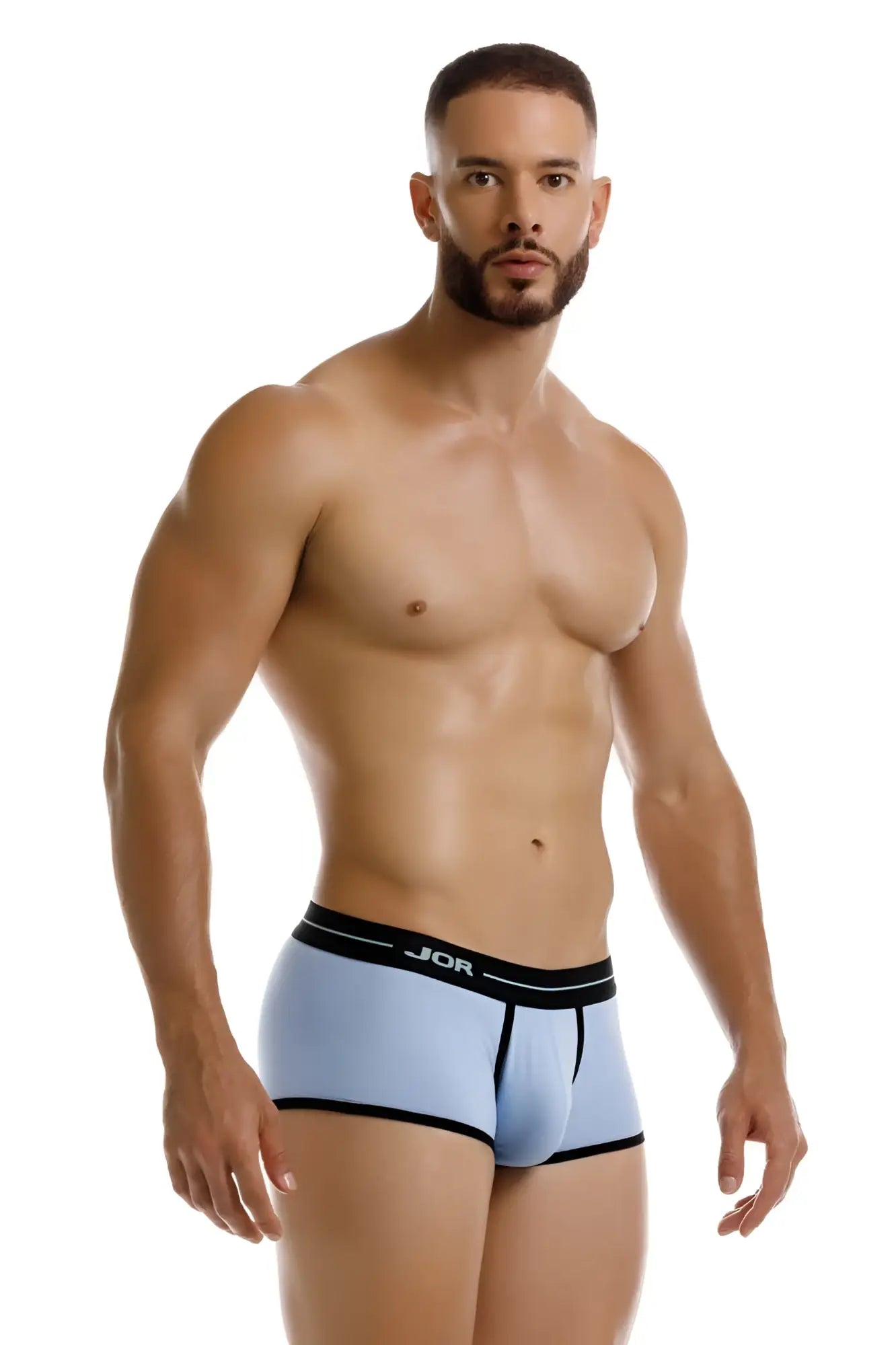 Light blue jor 2243 Astra trunks boxer briefs with black trim featuring a sleek modern design
