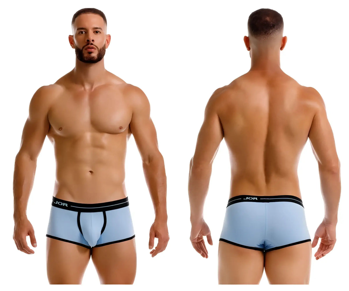 Light blue jor 2243 astra trunks boxer briefs with black trim and logo waistband for comfortable wear