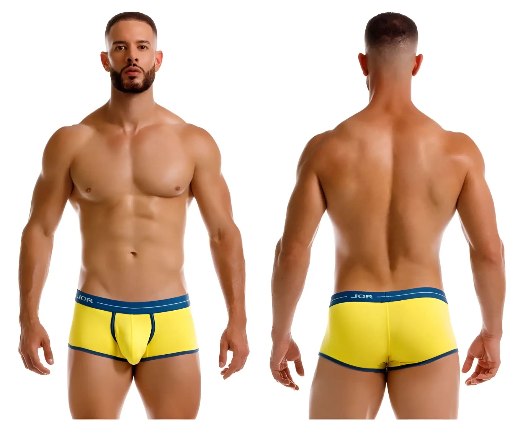 Bright yellow jor 2243 astra men’s briefs with navy blue trim and waistband designed for comfortable everyday wear