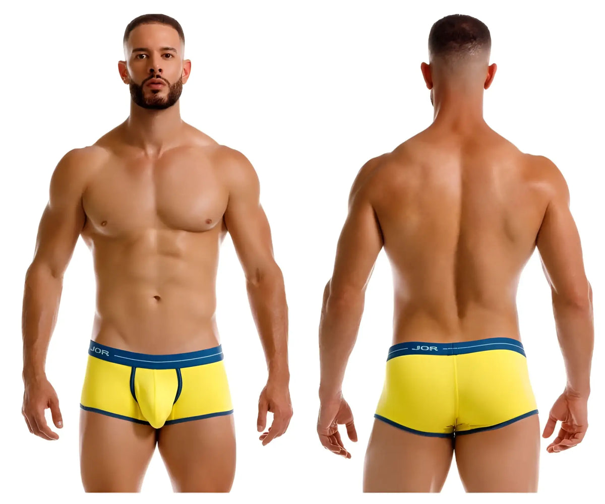 Bright yellow jor 2243 astra men’s briefs with navy blue trim and waistband designed for comfortable everyday wear
