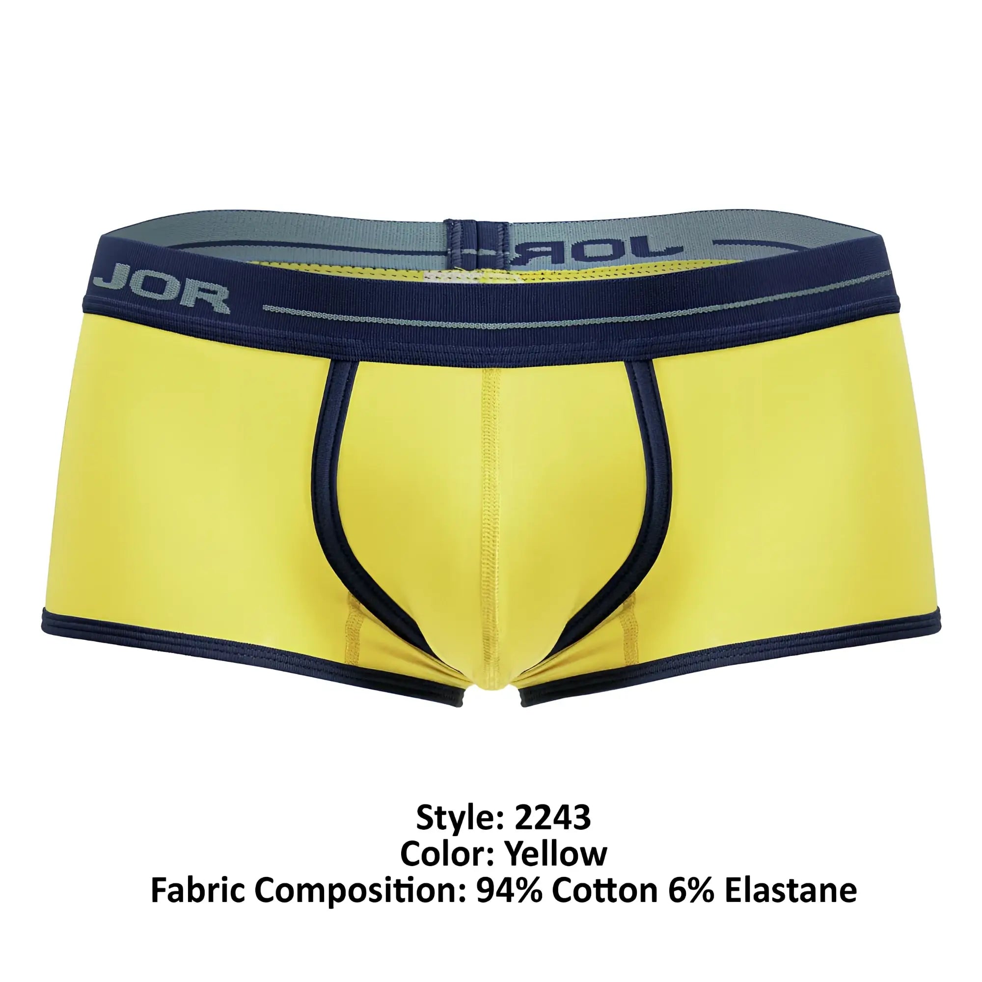Bright yellow jor 2243 astra trunks men’s briefs with navy blue trim and elastic waistband for comfortable wear